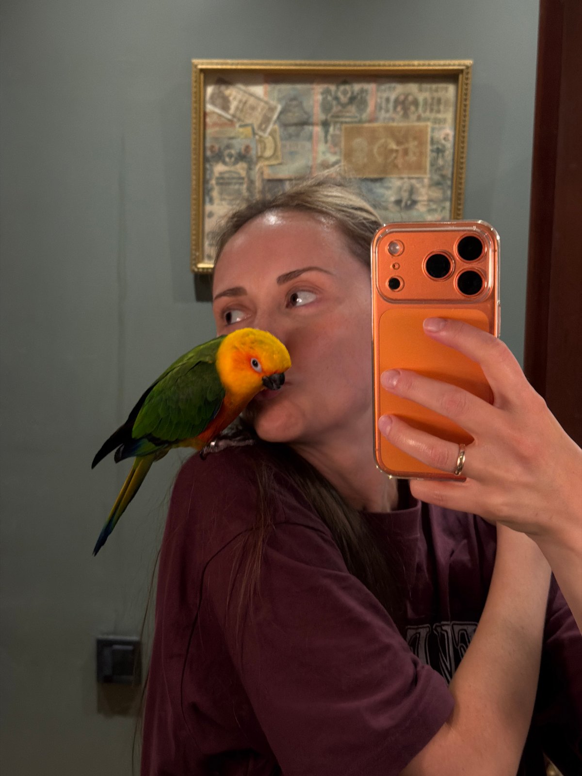 Woman documents playtime with pet sun conure in Khimki