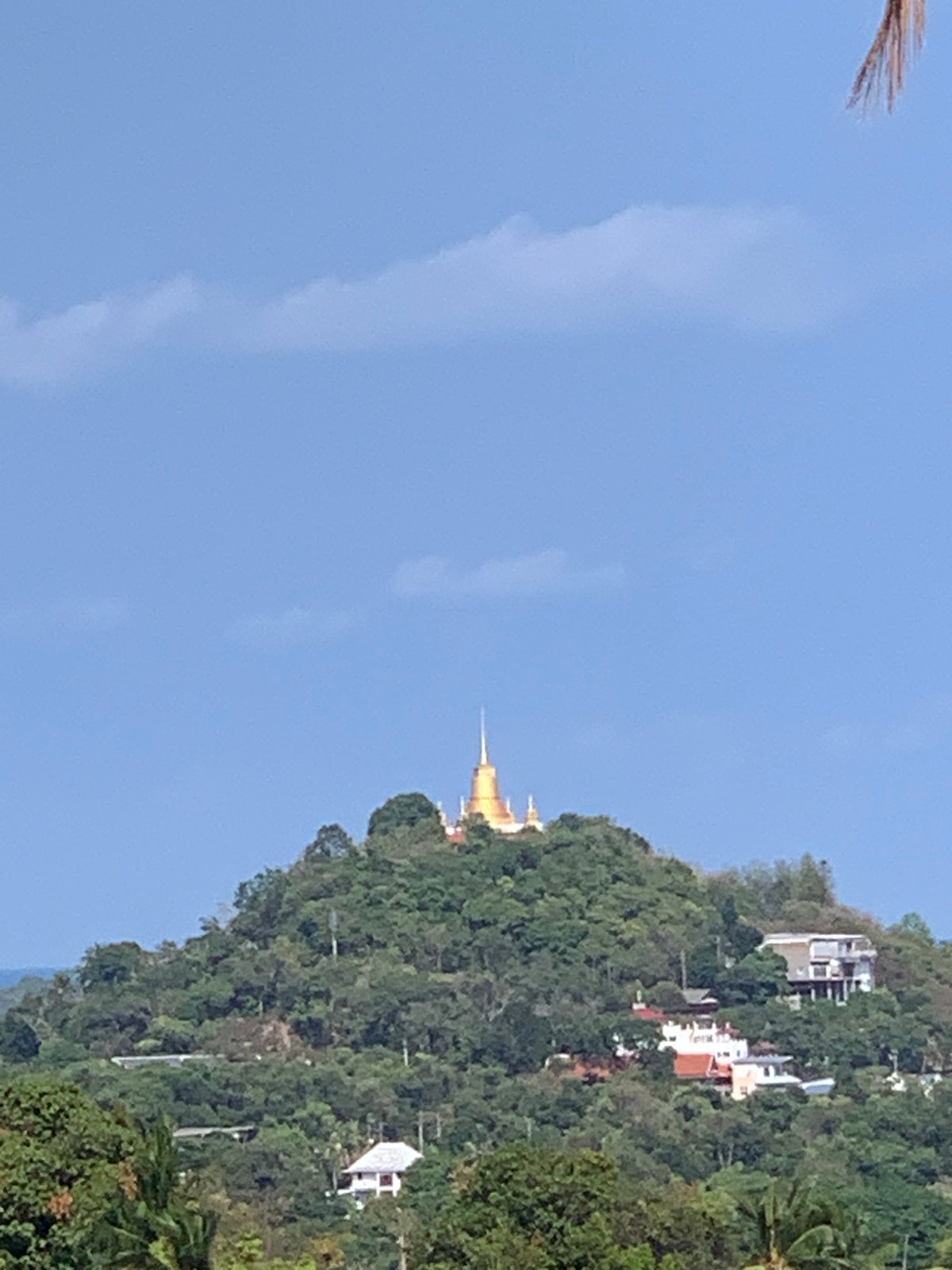 Golden temple overlooks coastal landscape in บ้านบางรักษ์, Thailand