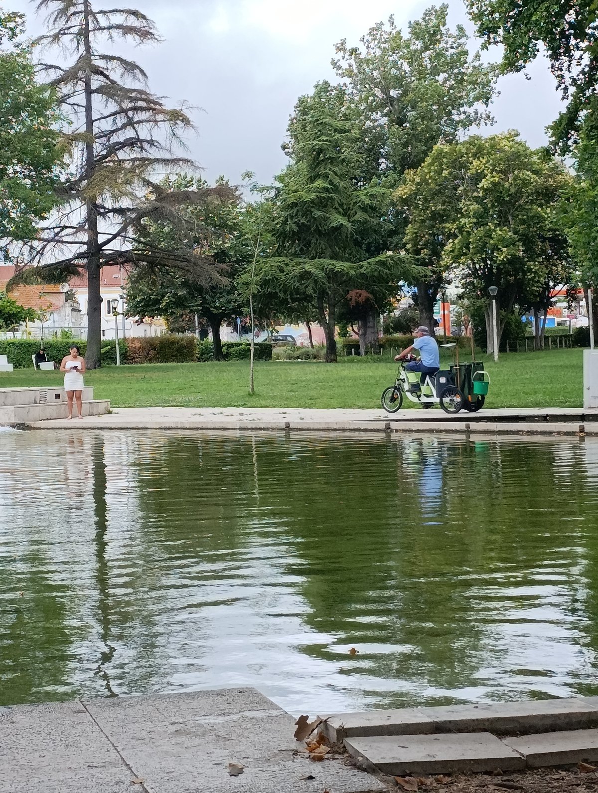 Morning in a Setúbal park: pond, dogs, café, and flowers