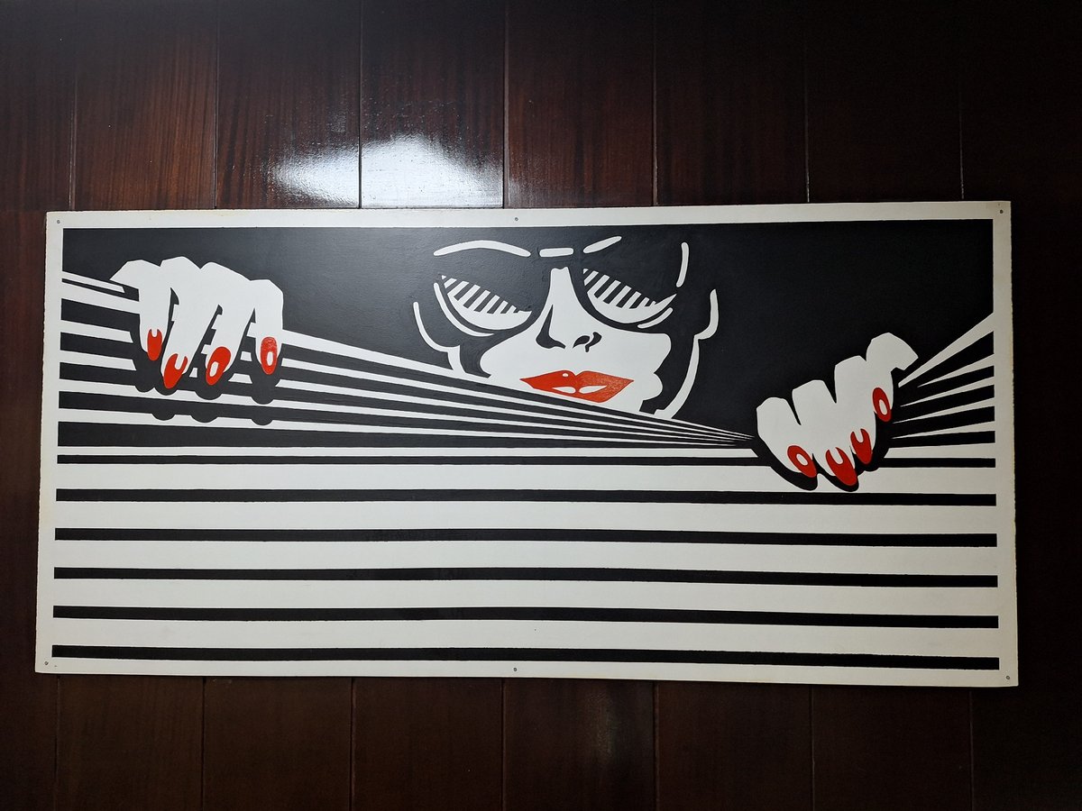Framed stylized portrait painting observed on wooden wall in Varna