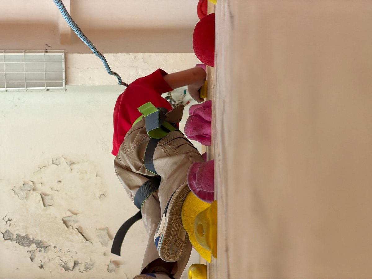 Child practices indoor rock climbing in Izhevsk facility