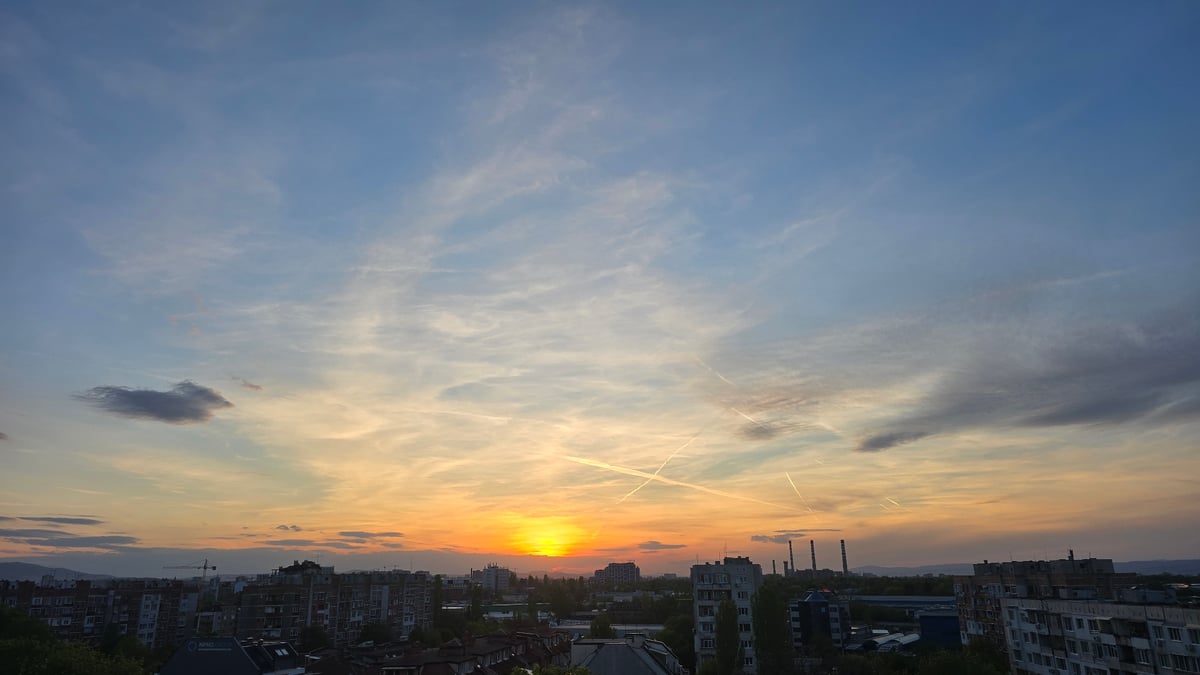 Dramatic sunset photographed over Sofia skyline April 28