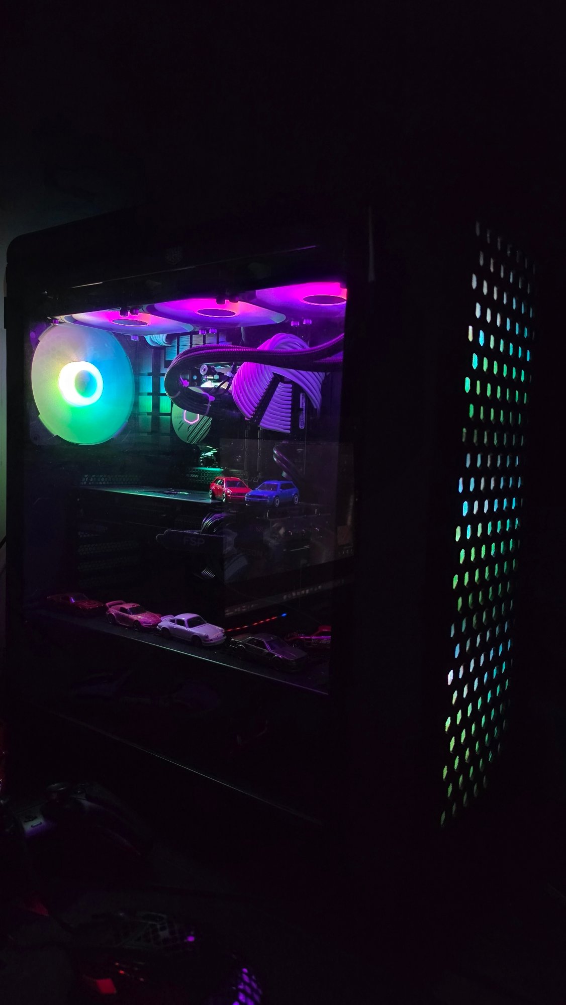 RGB-lit computer tower interior documented in Varna, Bulgaria