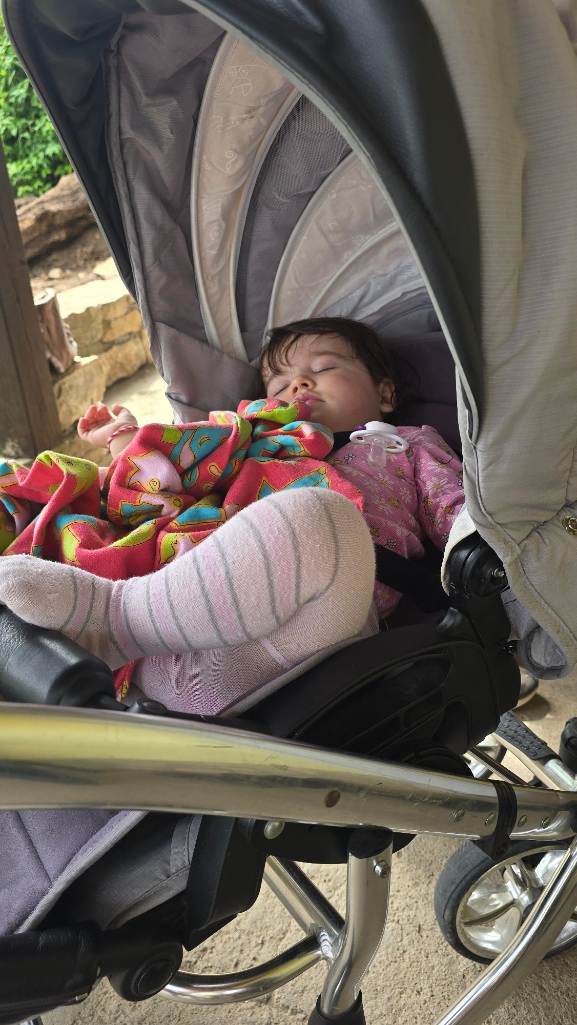Child sleeps peacefully in stroller in Bulgarian village