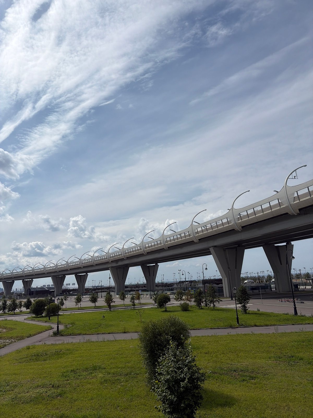 Saint Petersburg's western waterfront and infrastructure on a cloudy morning