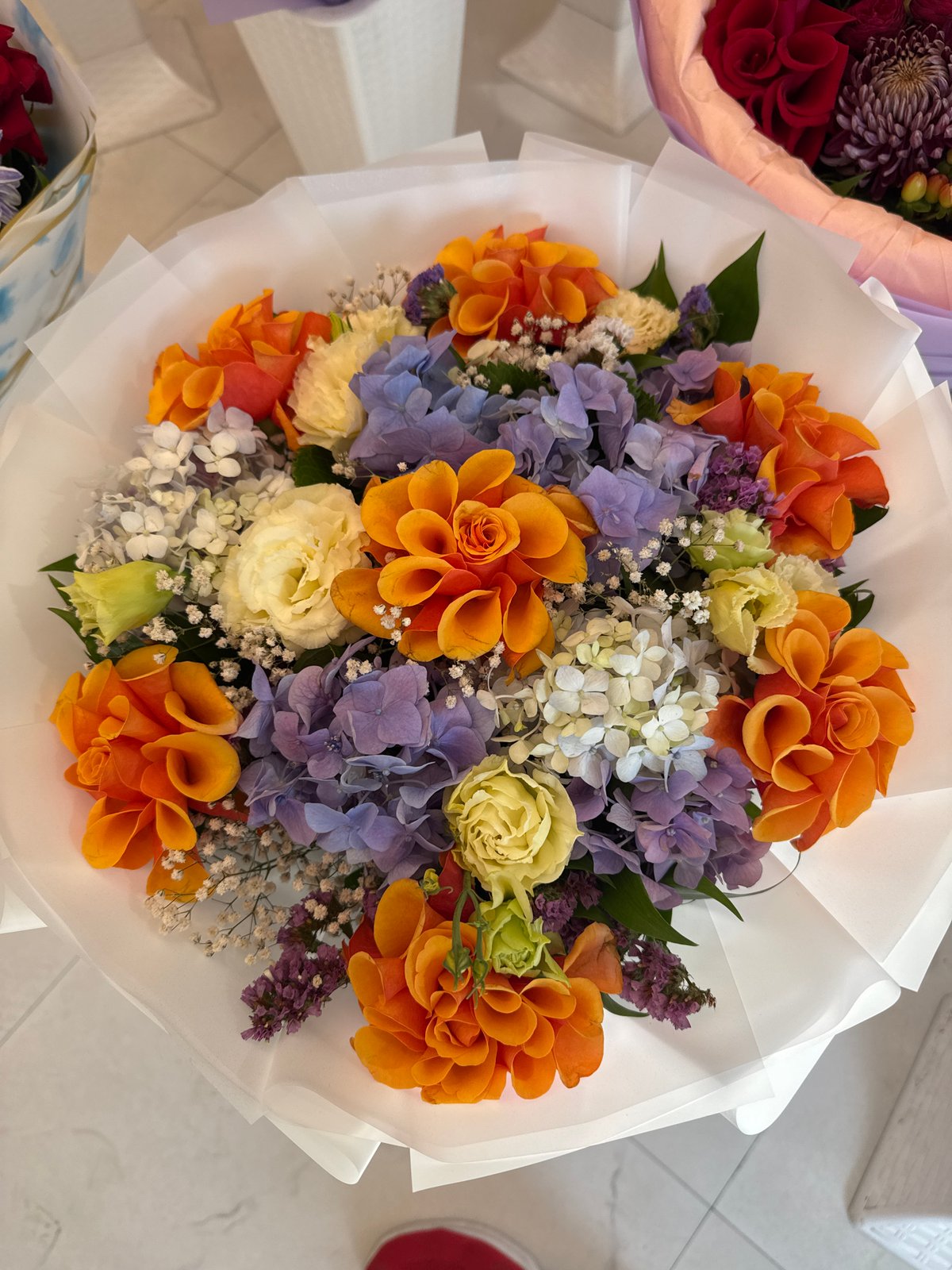 Colorful flower bouquets arranged for sale in Baku