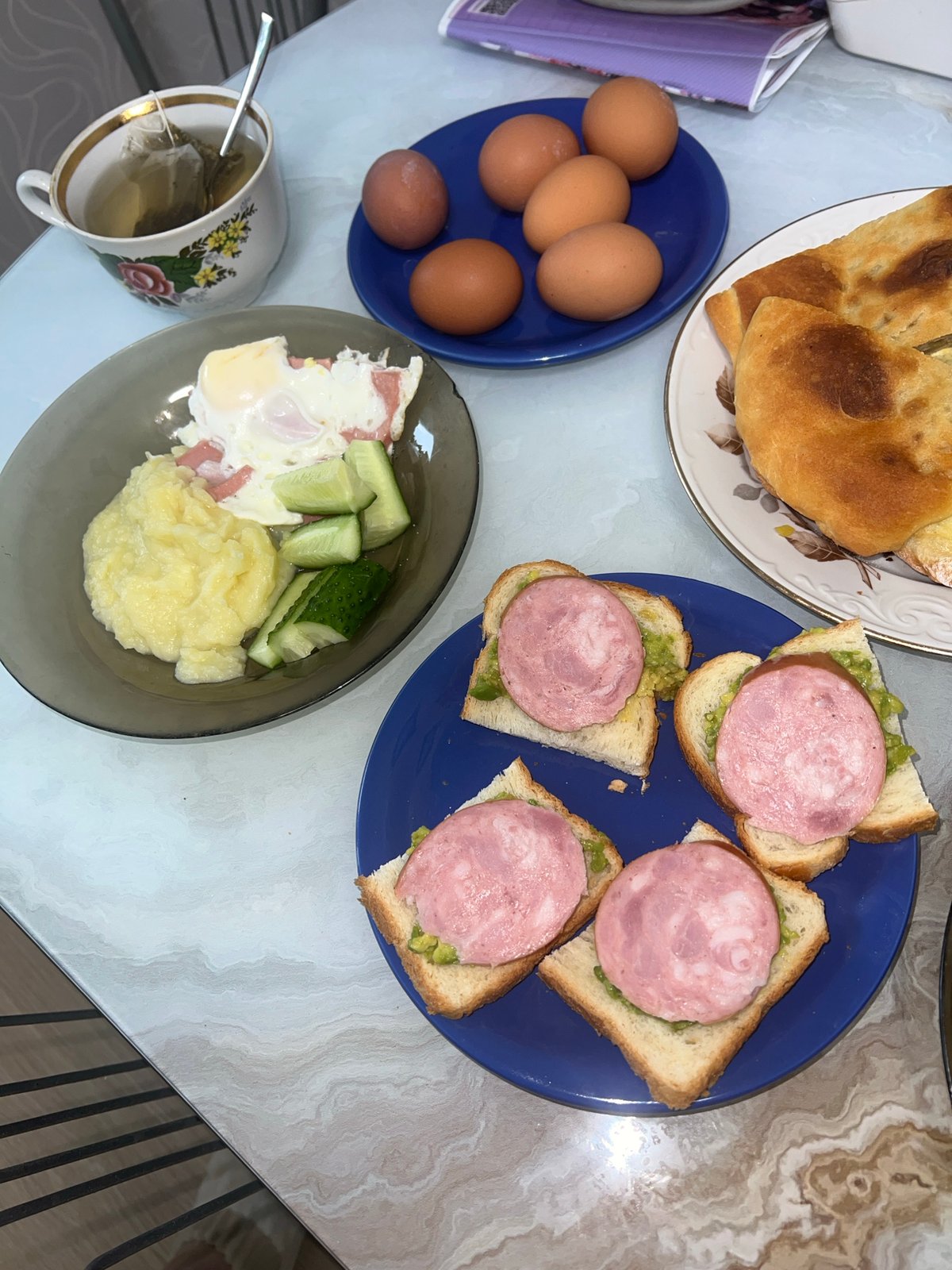 Home breakfast spread documented in Perm, Russia