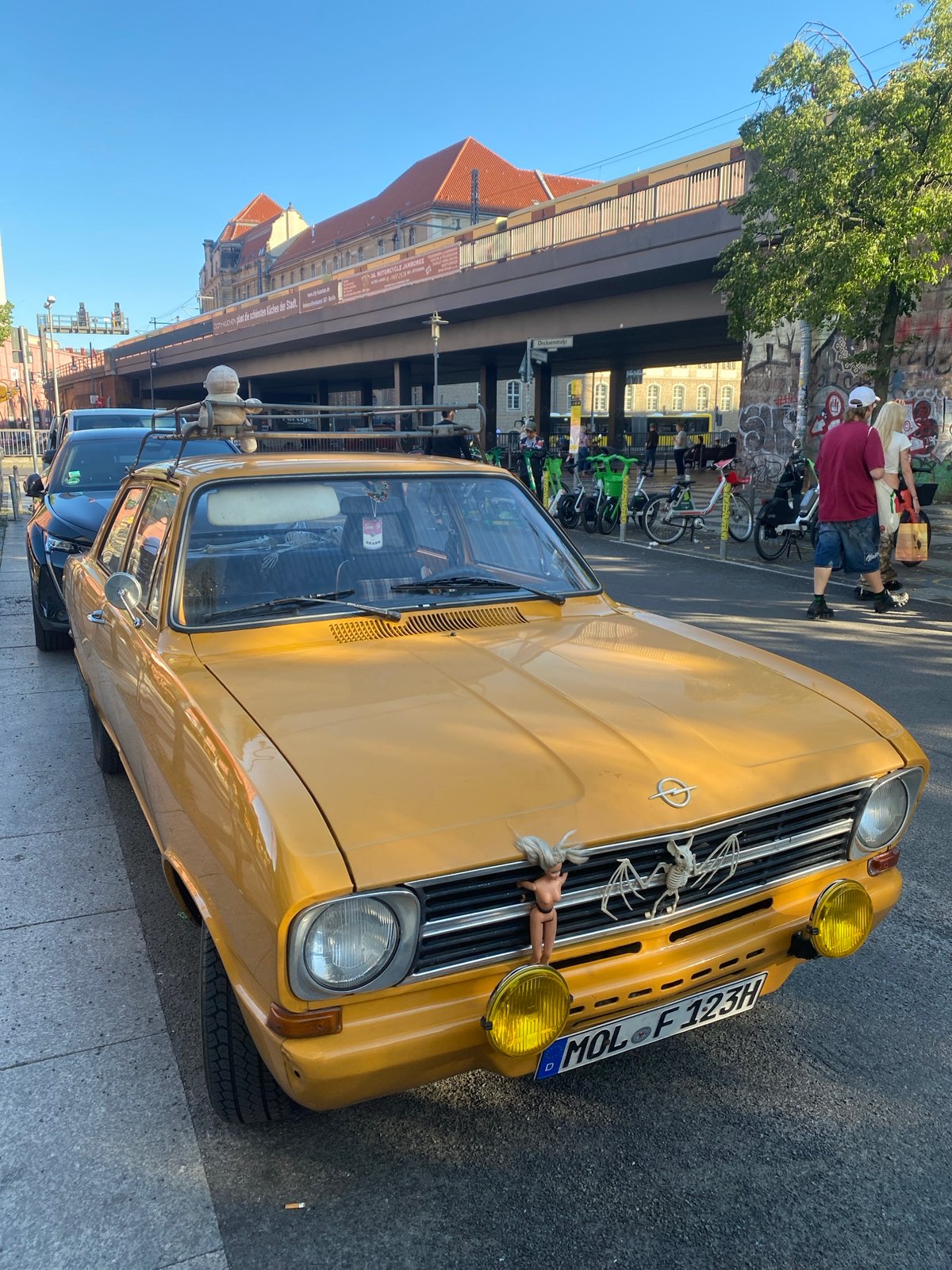 Customized yellow vintage Opel Kadett spotted on a Berlin street
