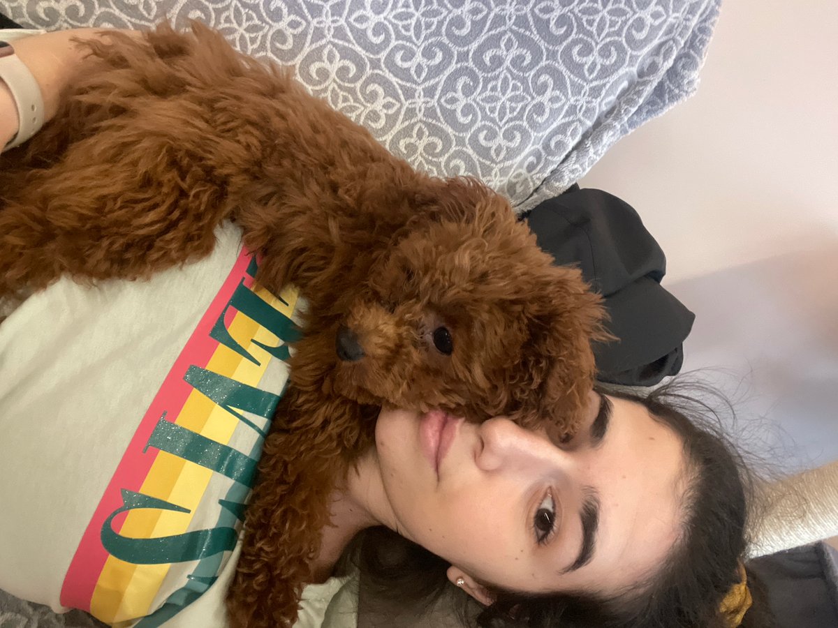 Woman rests with brown puppy in Sofia