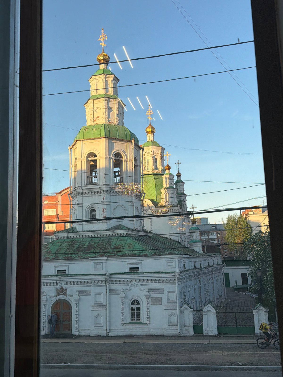 Orthodox church viewed through window in Krasnoyarsk, Russia