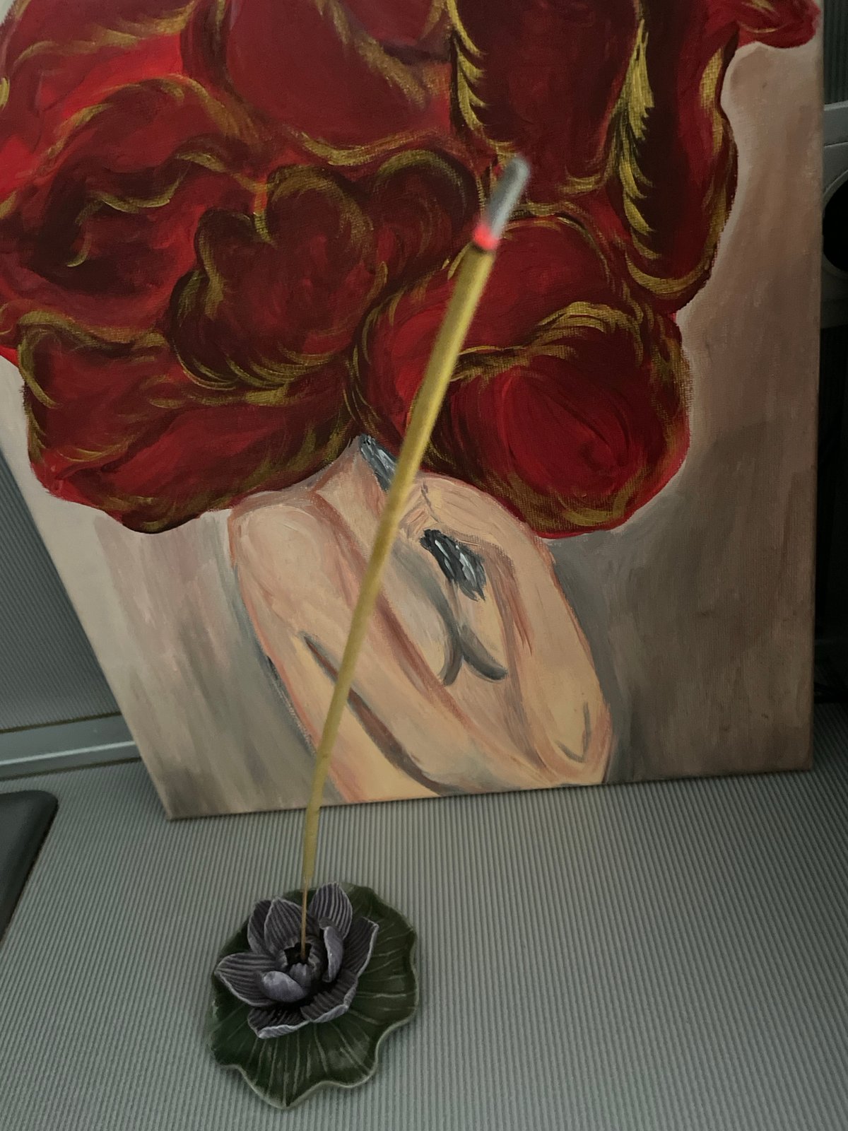 Morning domestic moments: cat, art, incense in Sochi home