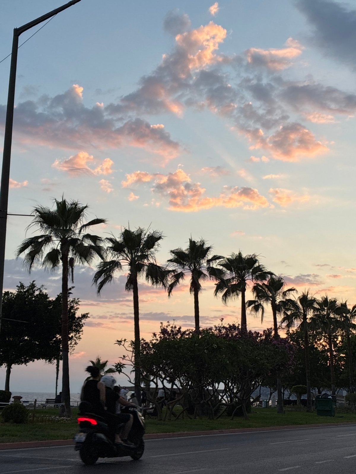 Sunset stroll along Alanya's palm-lined coastal promenade
