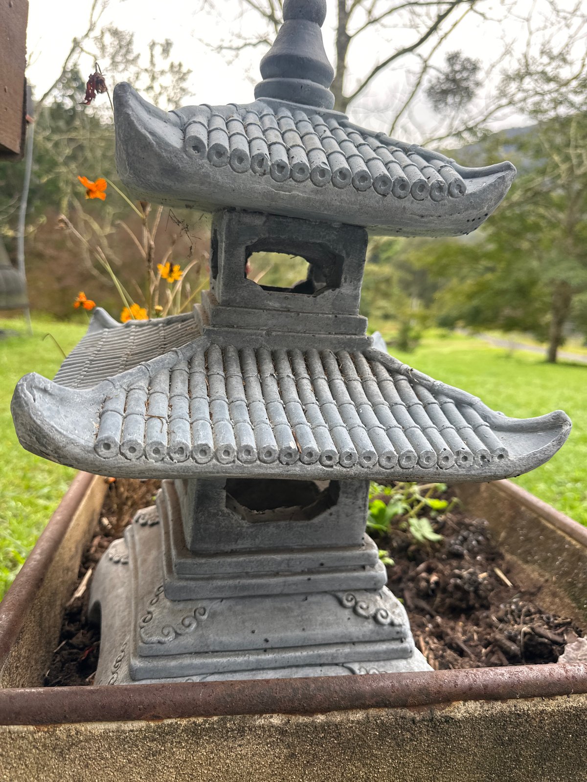 Garden ornaments, blooms, and tarot in a Thora backyard