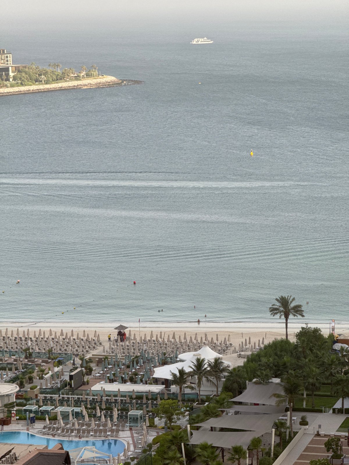 Aerial views of a Jumeirah beach resort on a July morning