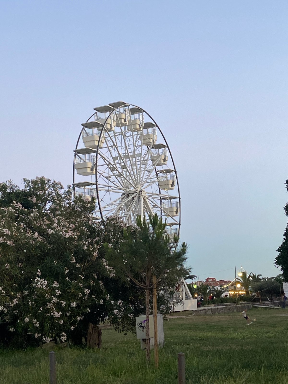Evening scenes capture Ferris wheel, buildings, moonlit beach