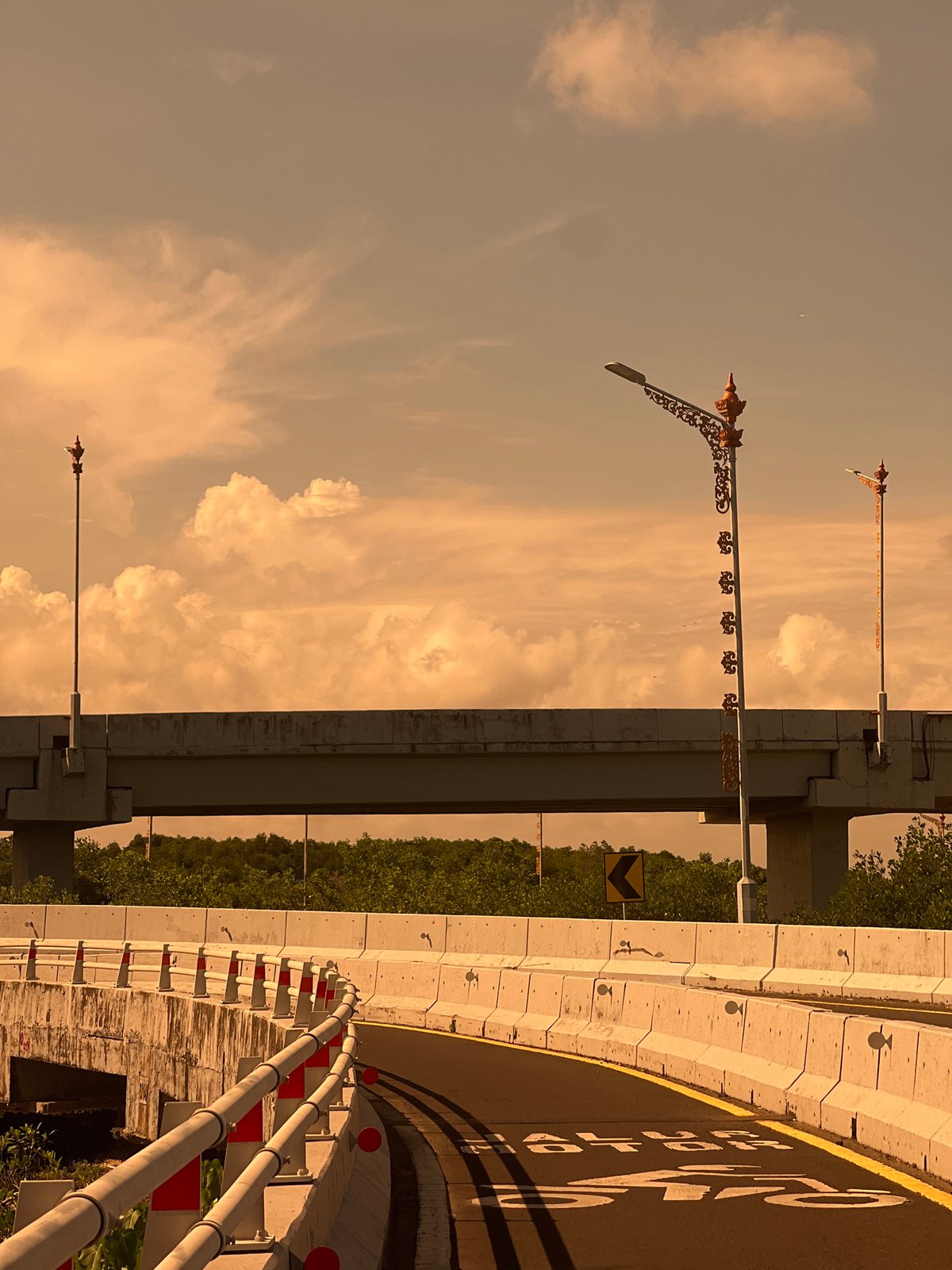 Motorcyclist takes selfies while crossing decorative bridge in Denpasar