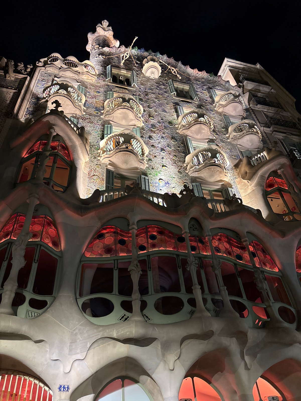 Evening views of illuminated Casa Batlló in Barcelona