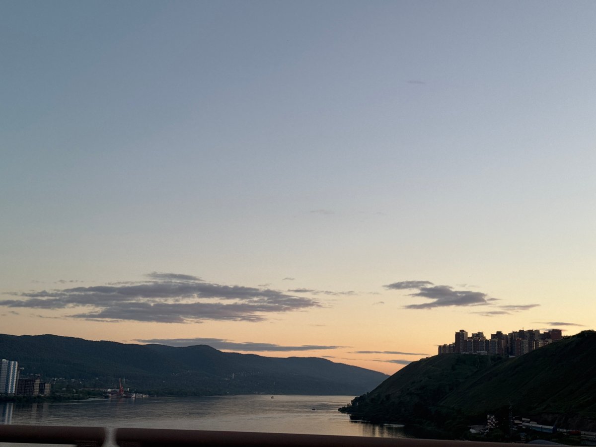 Krasnoyarsk at dusk, Yenisei River bridges under a pastel sky