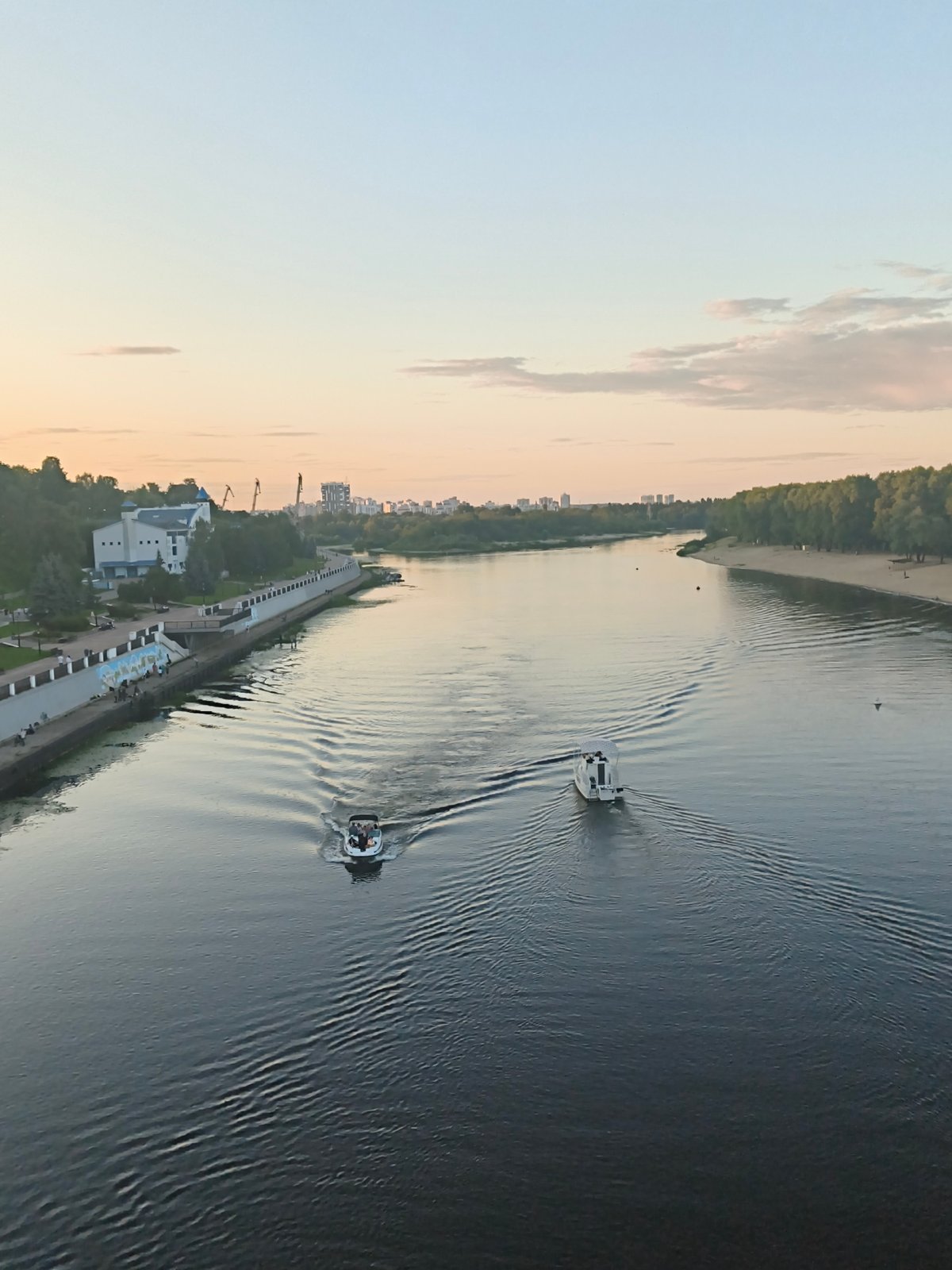 Homyel riverfront and cathedral at golden hour