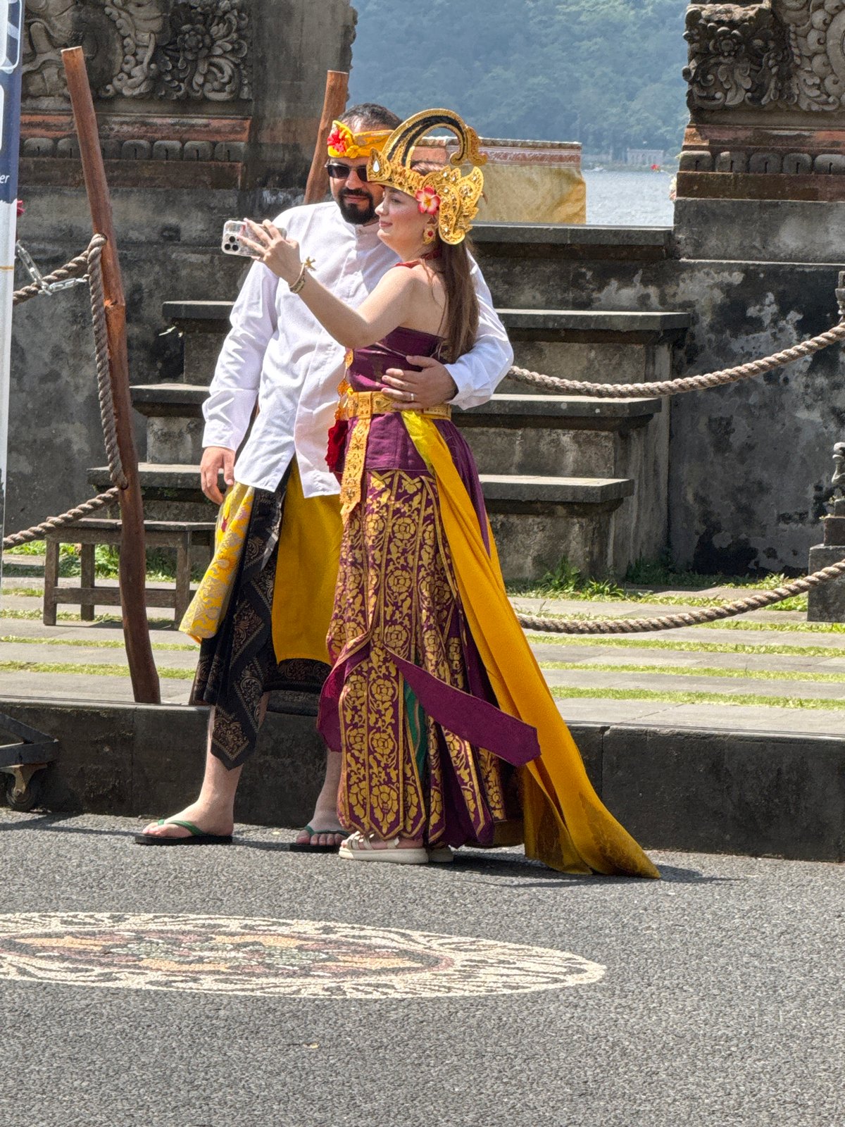 Traditional Balinese ceremony participants gather in Baturiti, Indonesia