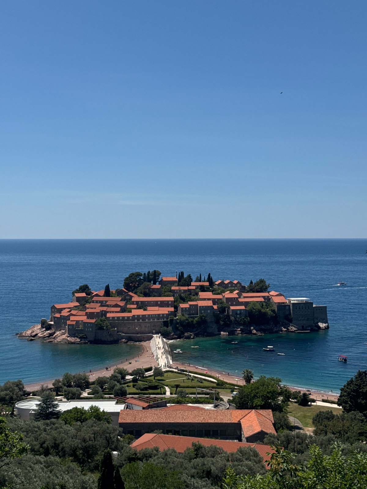 Aerial views captured of Sveti Stefan island resort Montenegro