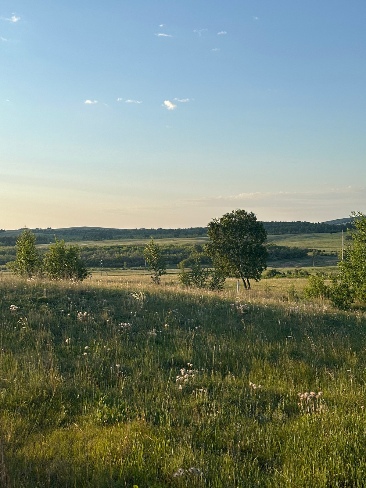 Rural landscape photographed in nighttime sunlight near Kokshetau, Kazakhstan