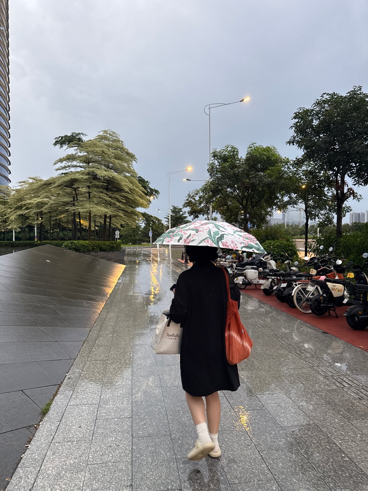 Rainy morning street life around Haizhu District's modern core