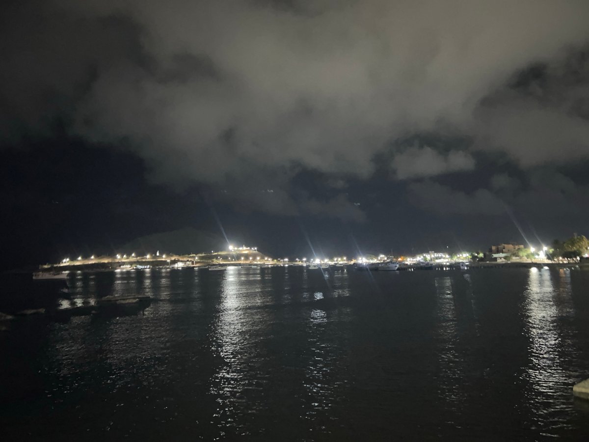 Juan Griego's waterfront and town center at night