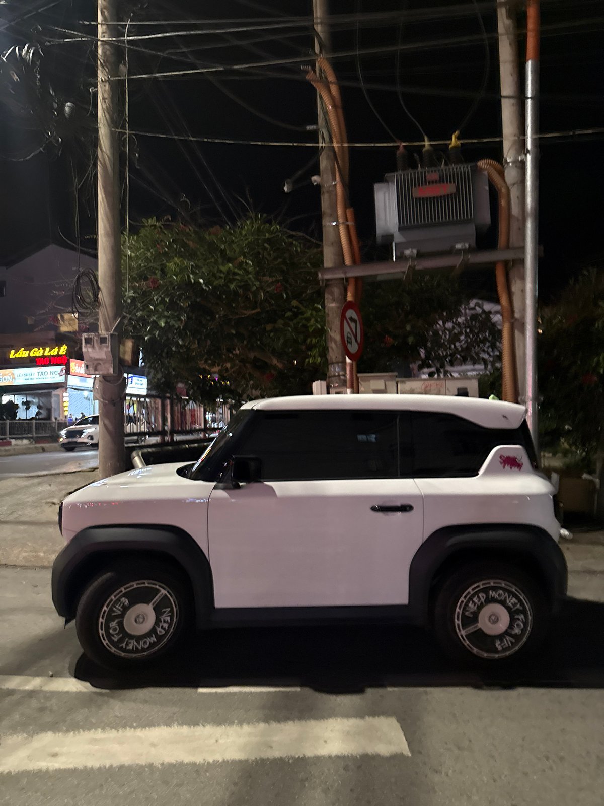 Modern electric car parked outside traditional Vietnamese building at night