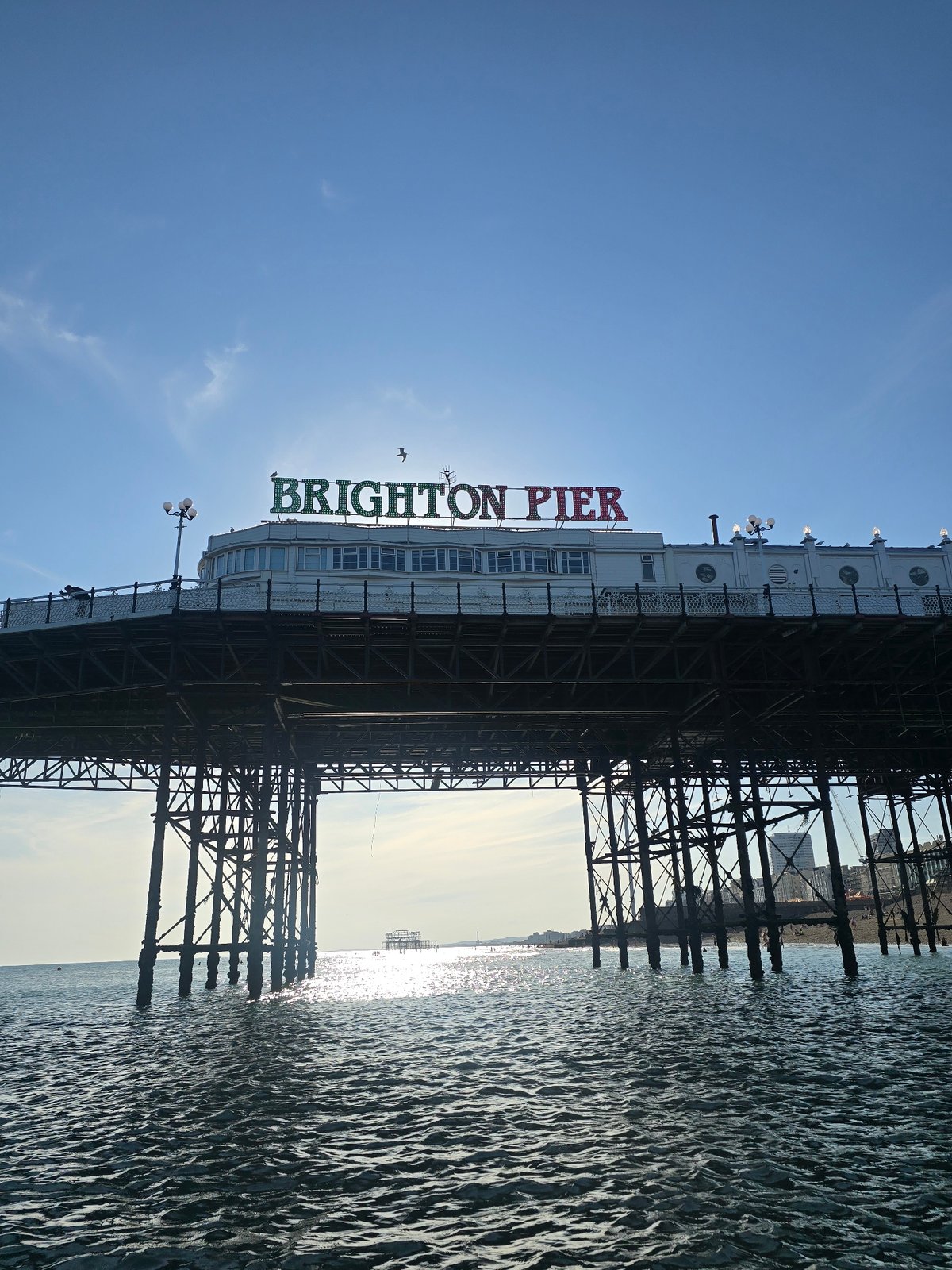 Brighton seafront on a July afternoon — pier, pebbles, seagulls