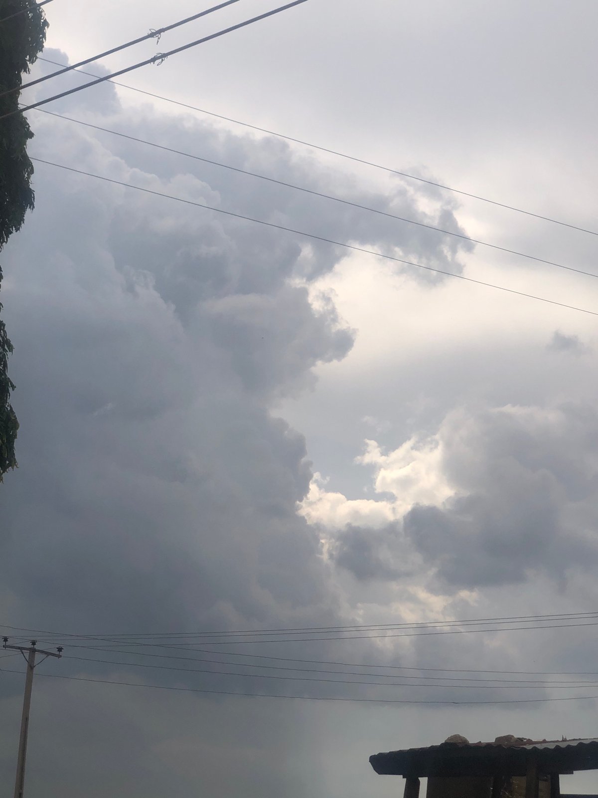 Storm clouds gather above as raw meat sits fly-covered below