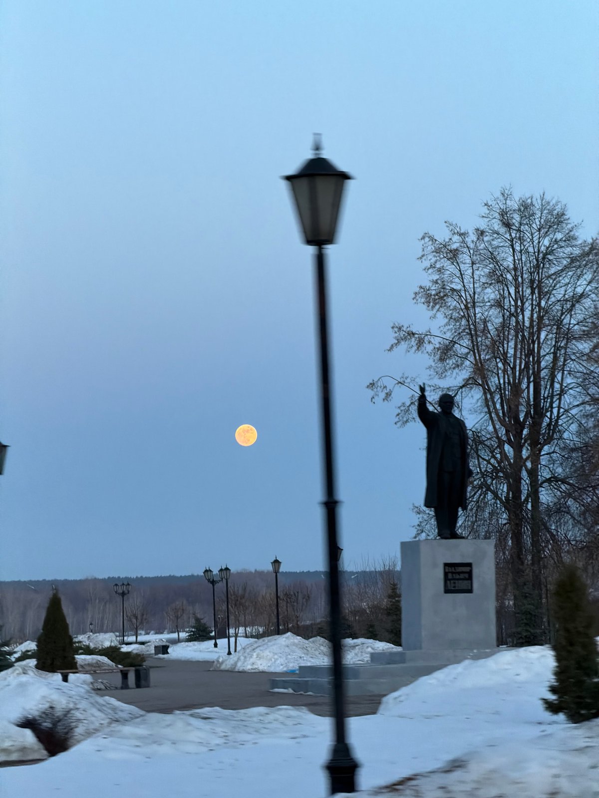 Lenin statue photographed at twilight in Sarapul, Russia