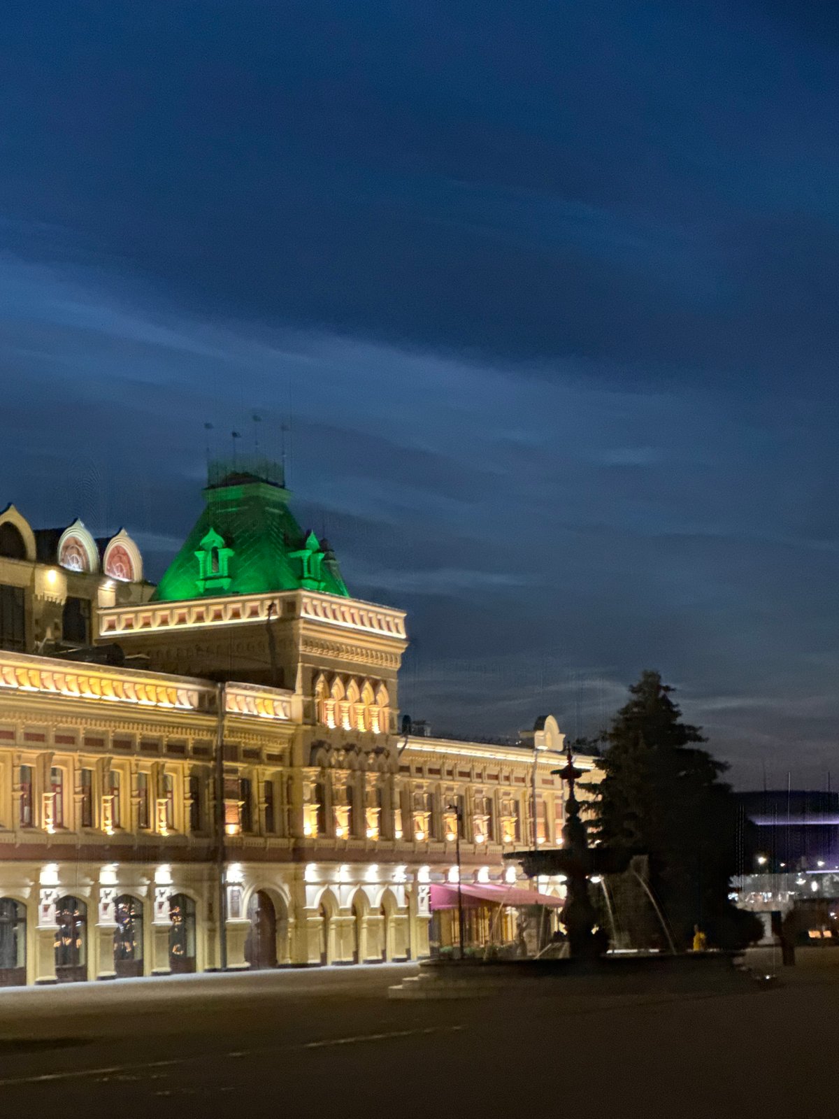 Nizhny Novgorod city center glowing on a summer night