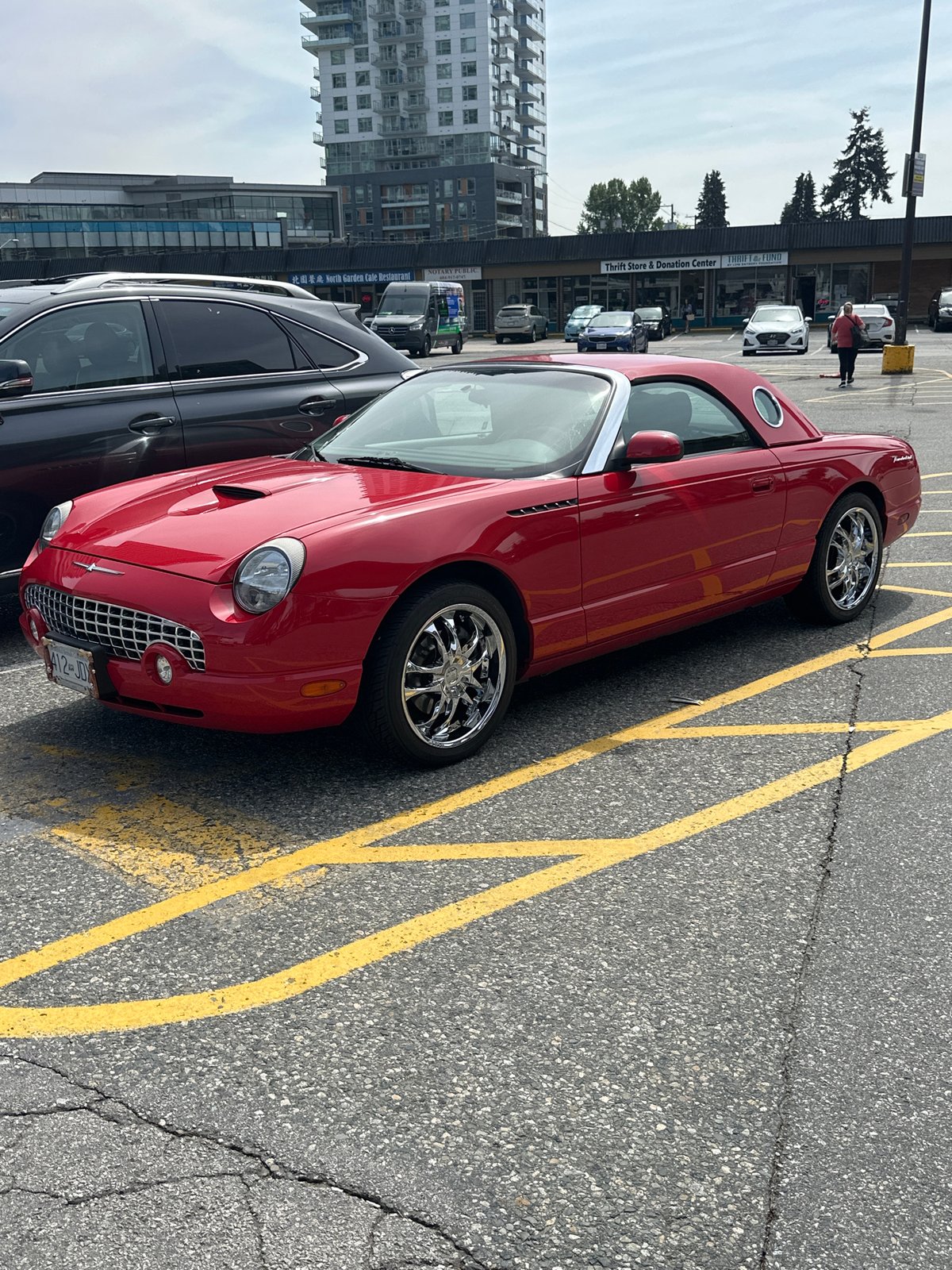 Classic red Ford Thunderbird spotted in Coquitlam parking lot