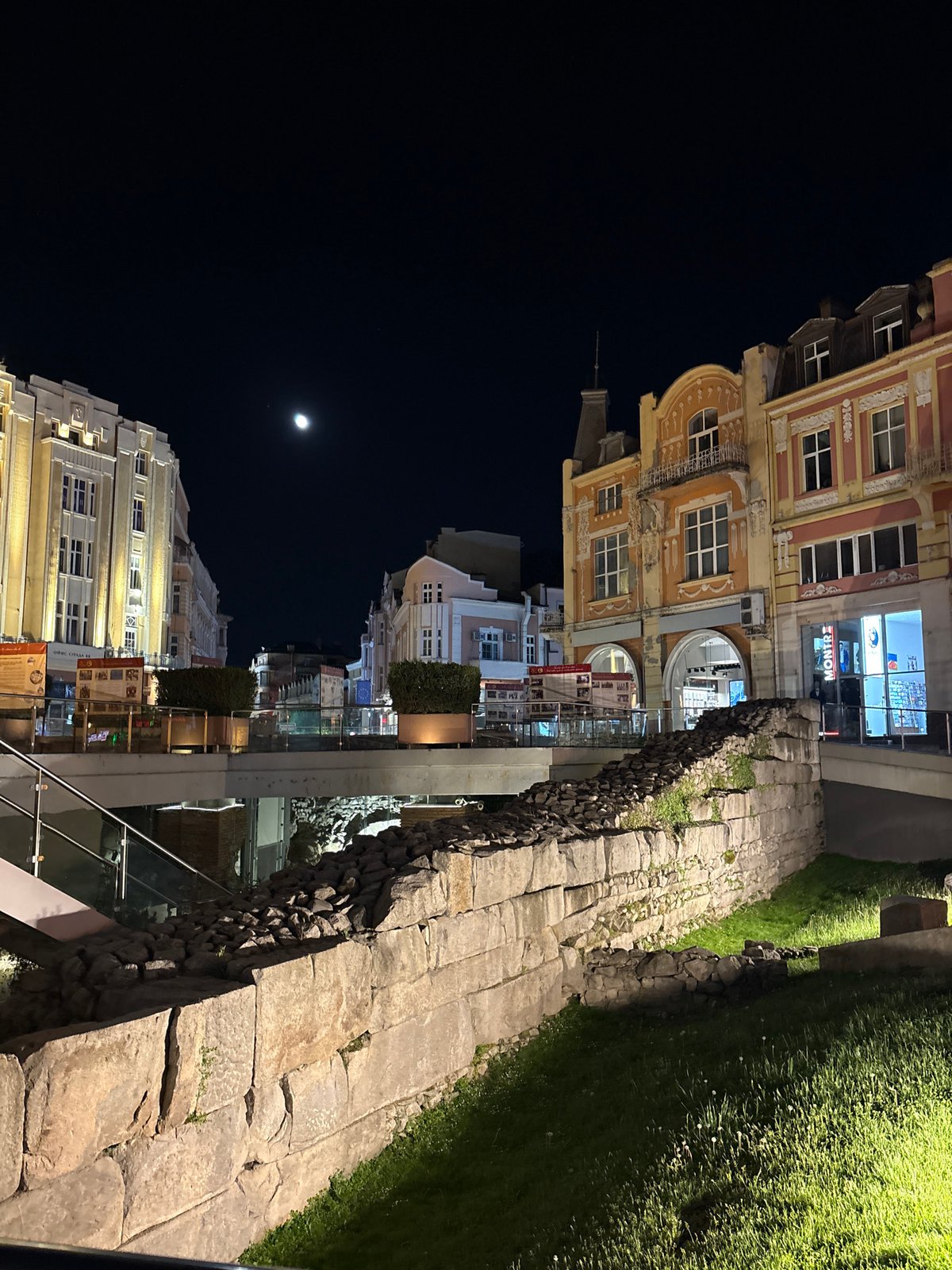 Evening documentation of Plovdiv's illuminated ancient sites and streets