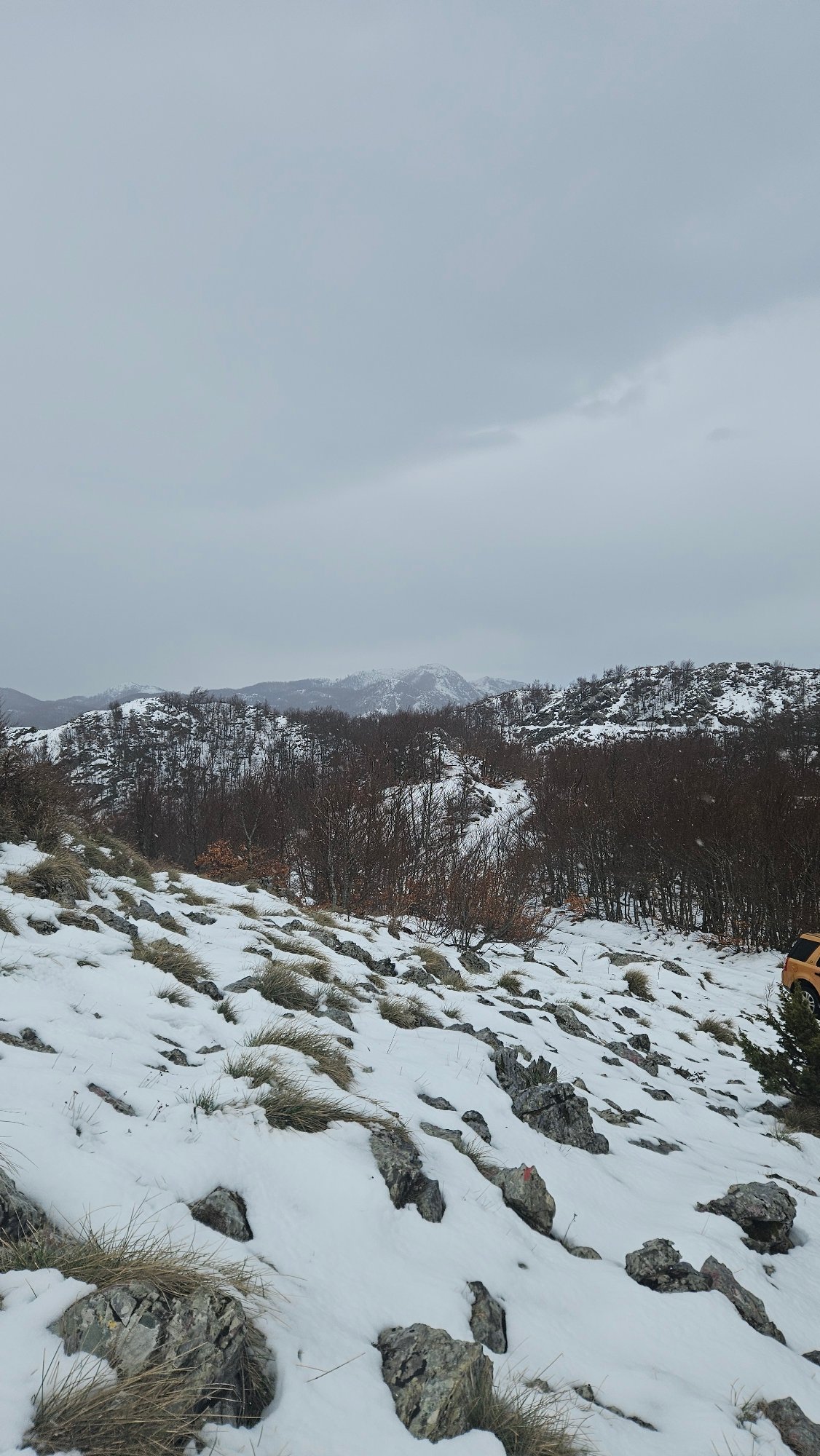 Spring snow blankets mountain landscape in Montenegro