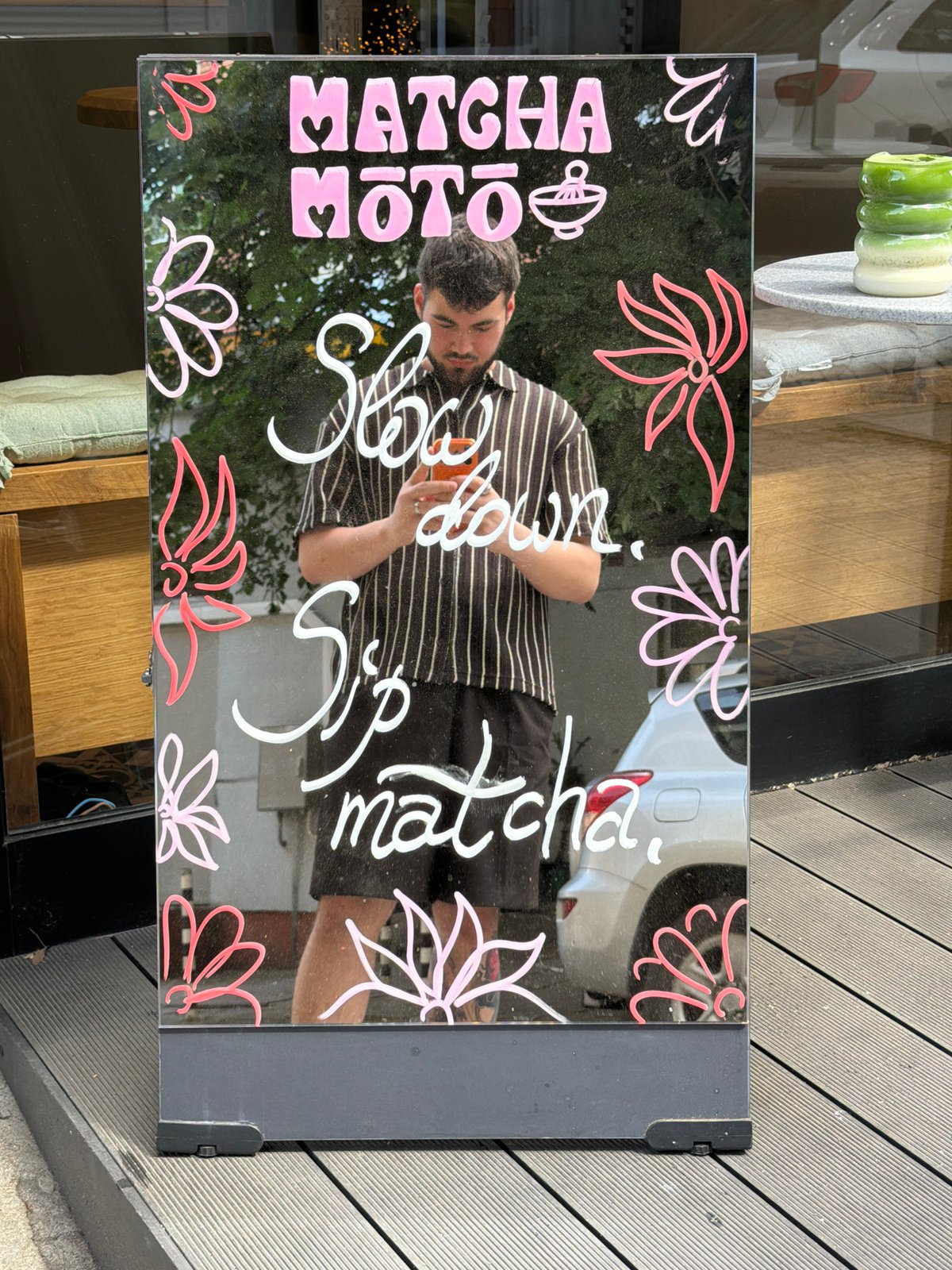 Matcha vendor 'MATCHA MOTO' serves layered drinks in Sofia