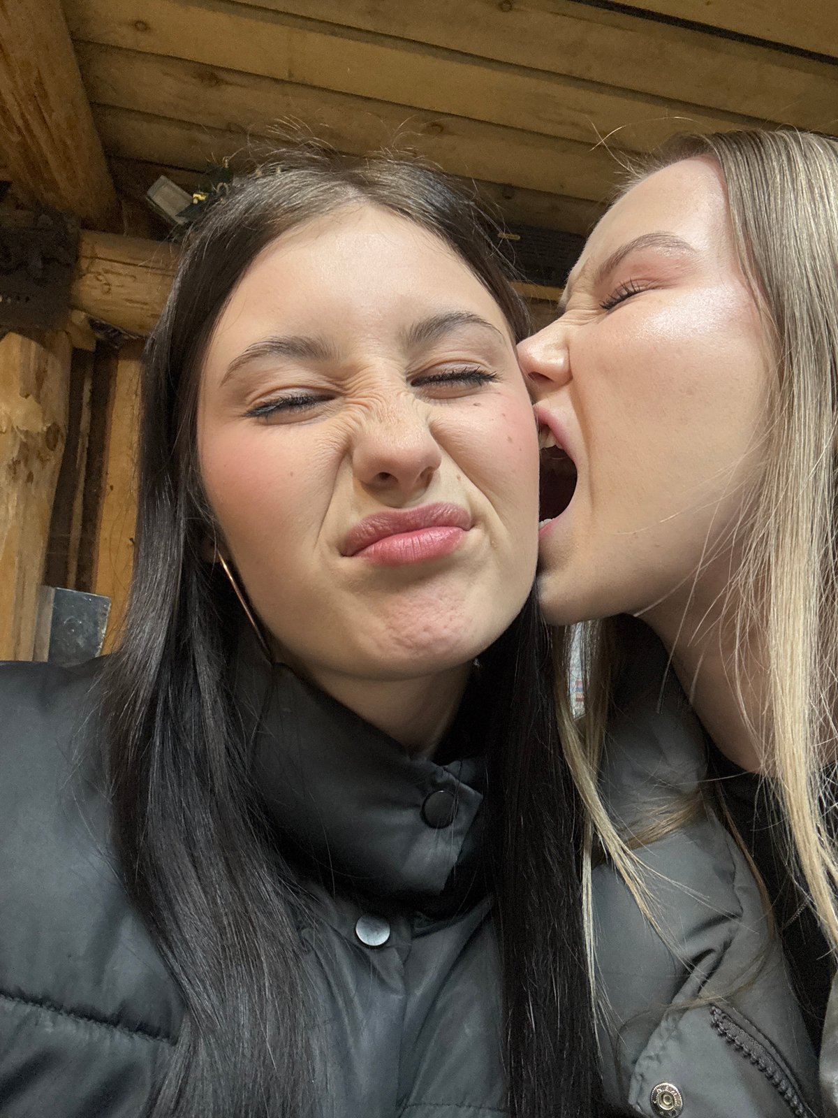 Playful social gathering captured in Russian wooden structure