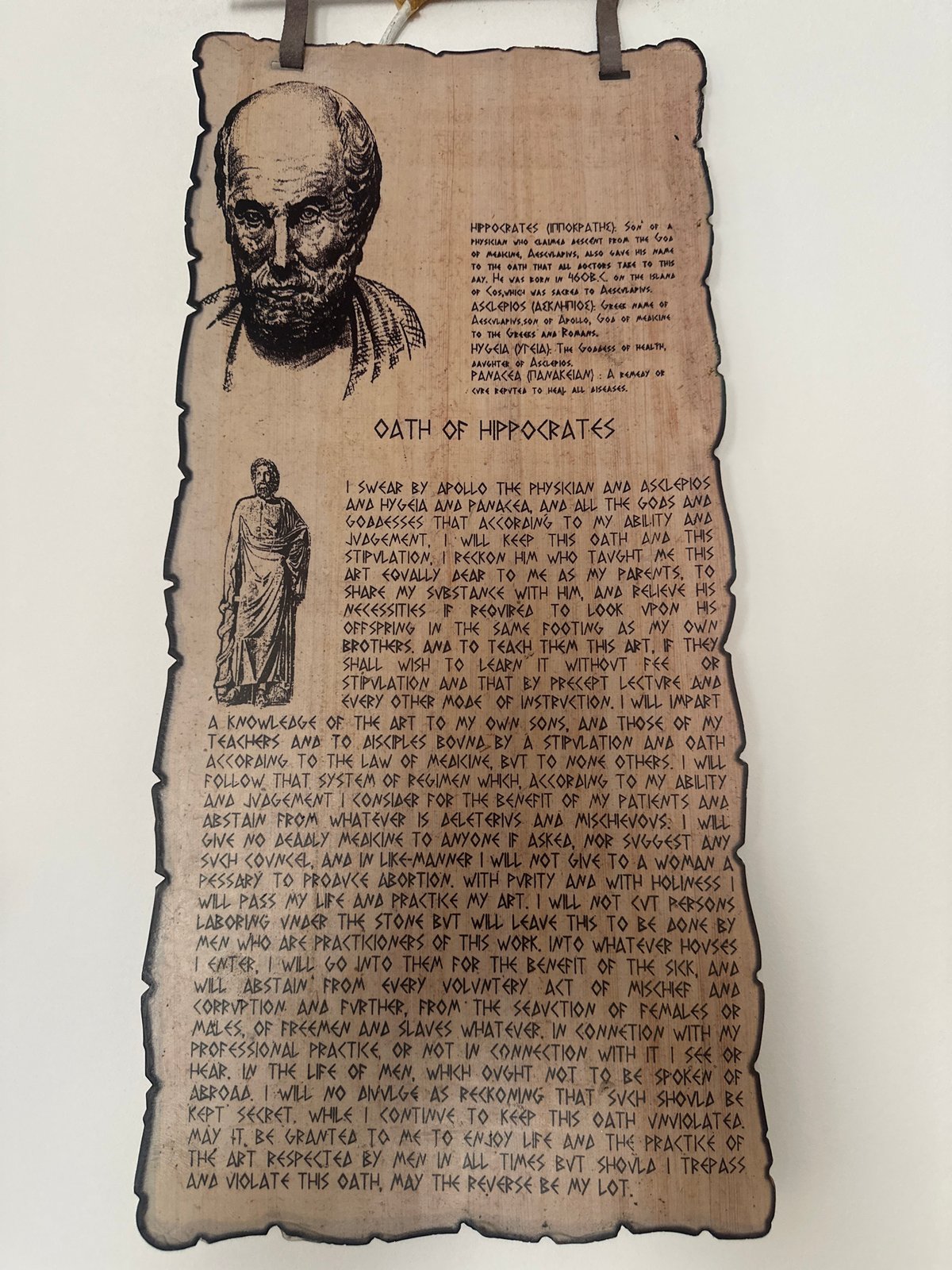 Sofia resident studies handwritten notes near Hippocrates Oath plaque