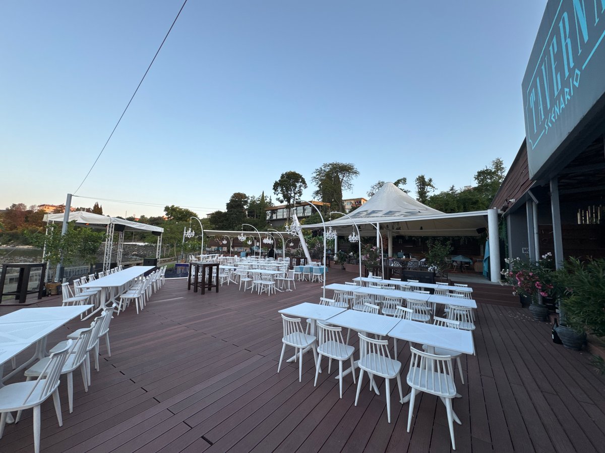 Seaside taverna deck in Tsarevo at dusk
