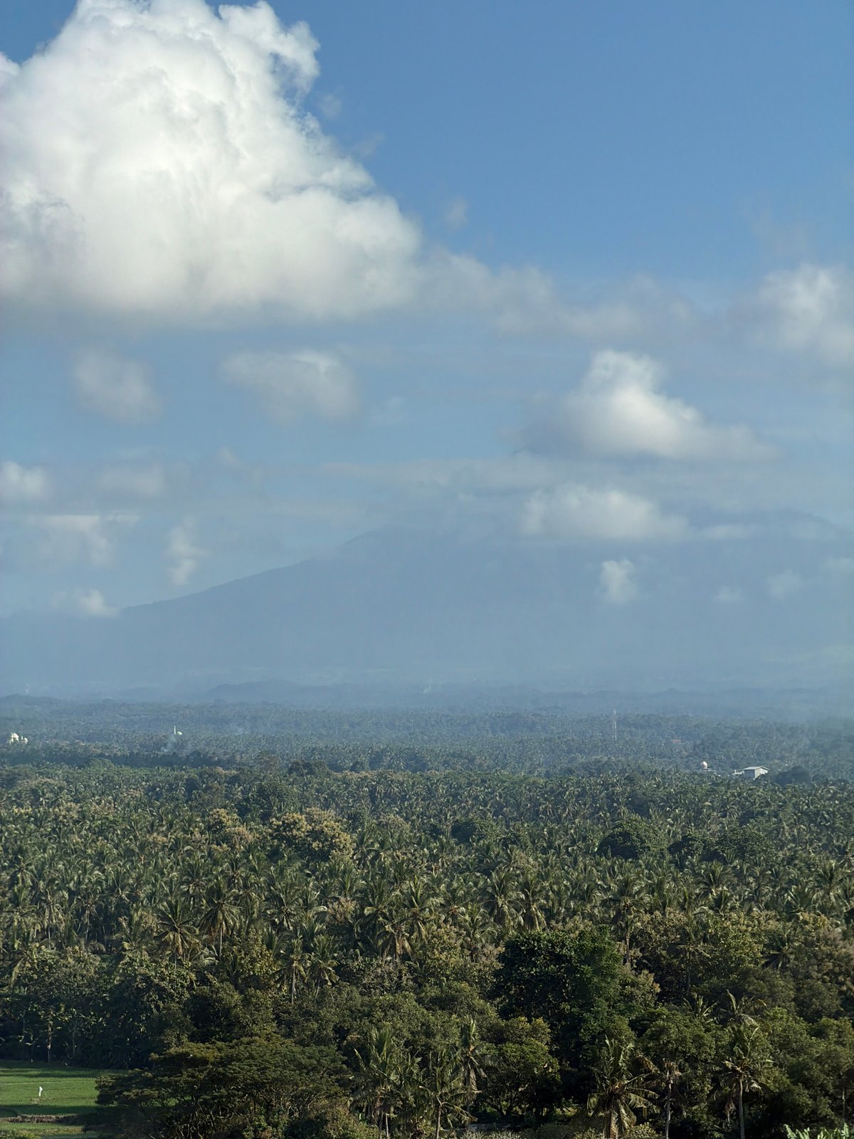 Aerial and ground views of a palm-fringed Indonesian village