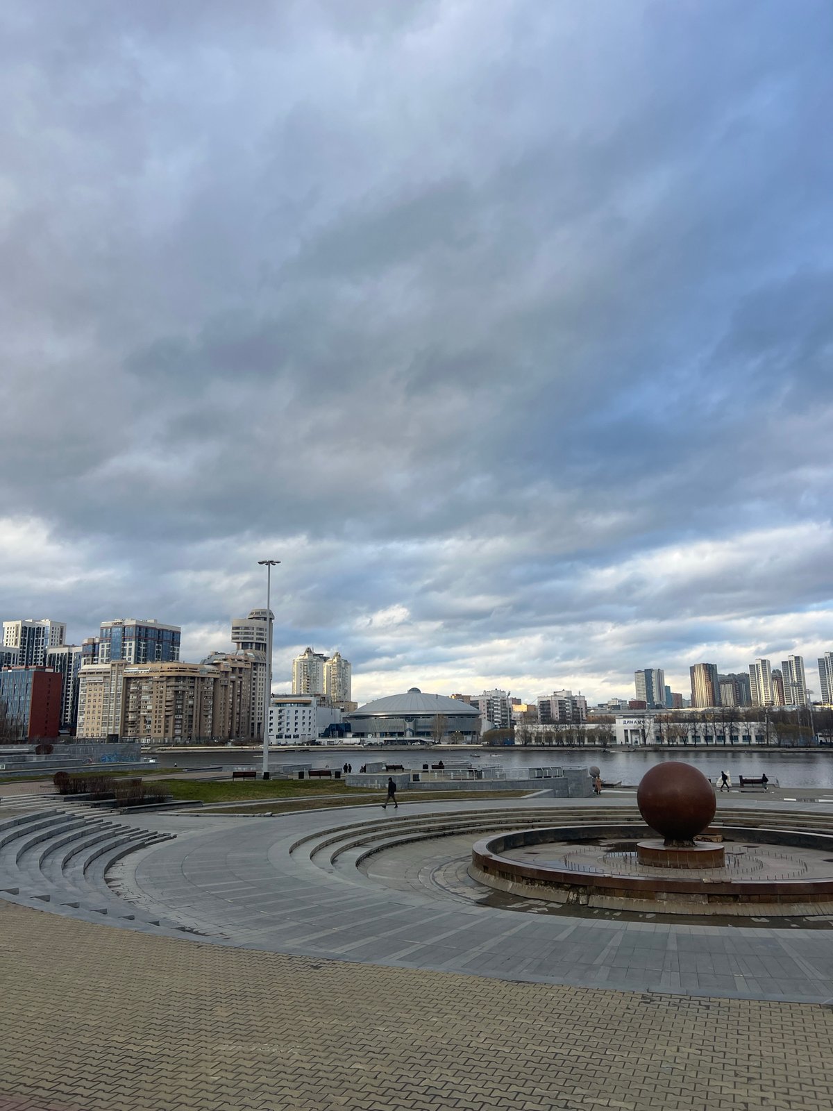 Fountain with brown sphere documented in Yekaterinburg city center