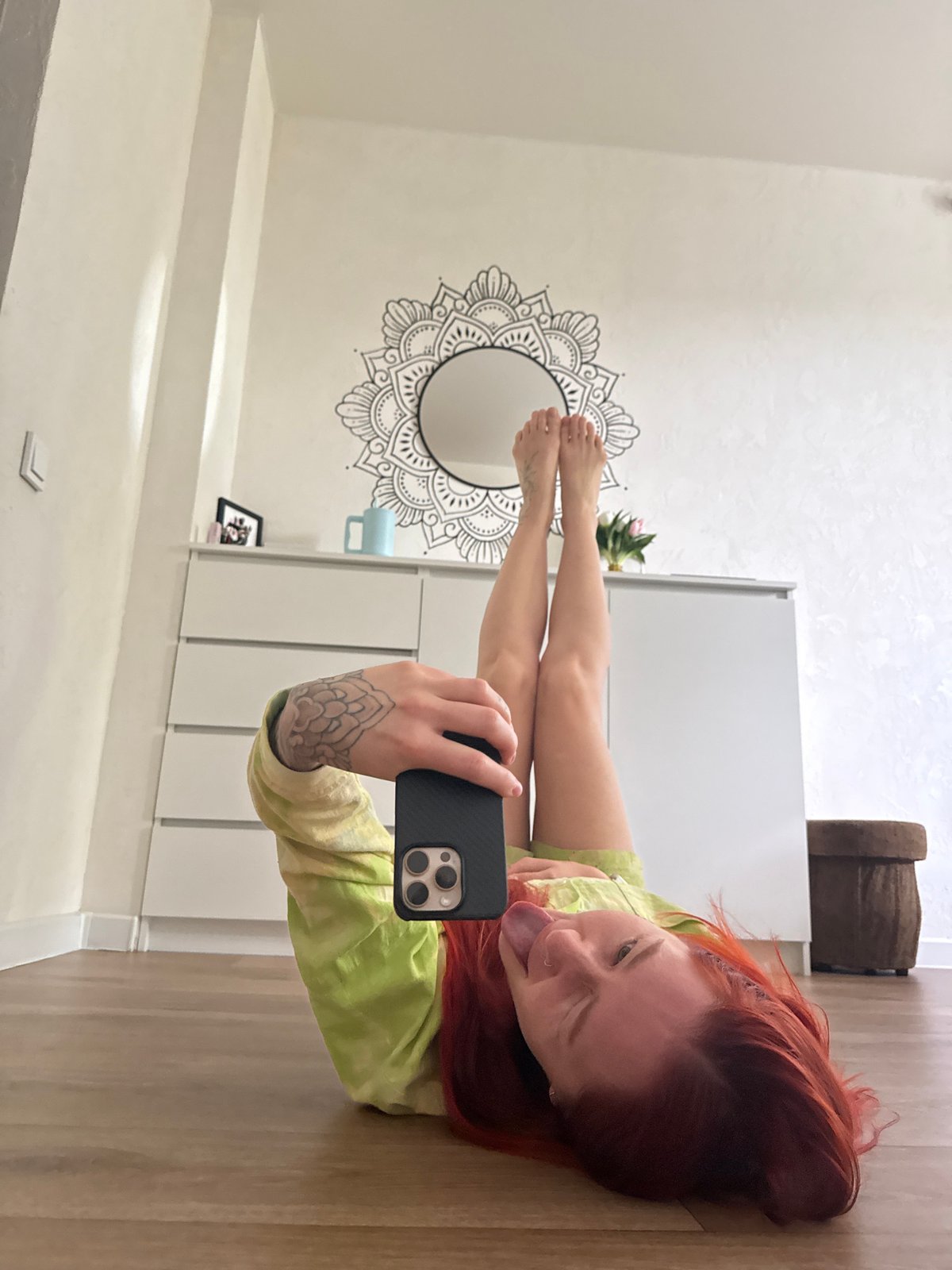 Lazy apartment morning: cats, a projector, and selfies