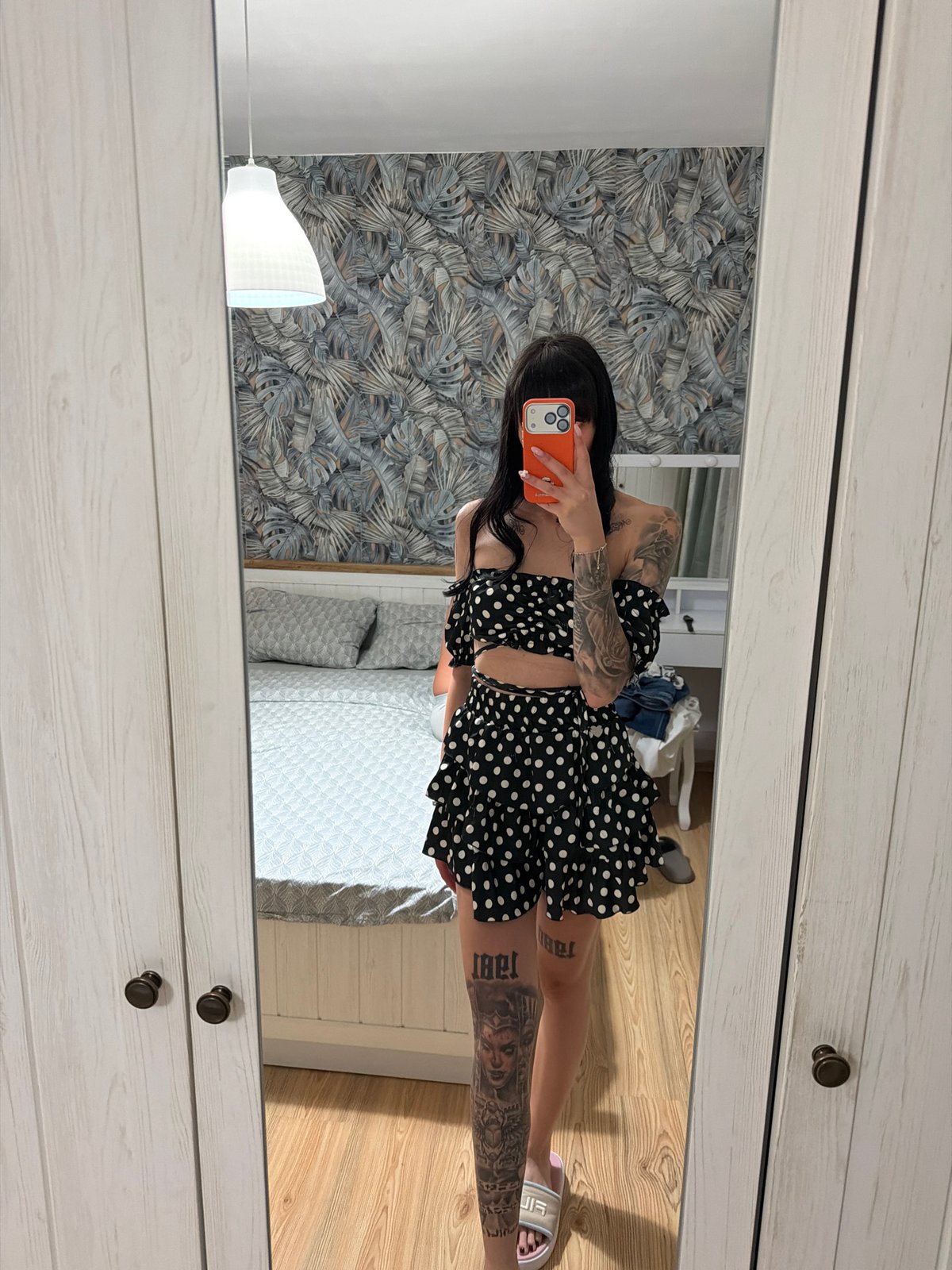 Polka dot outfit selfies in a Plovdiv bedroom, late evening
