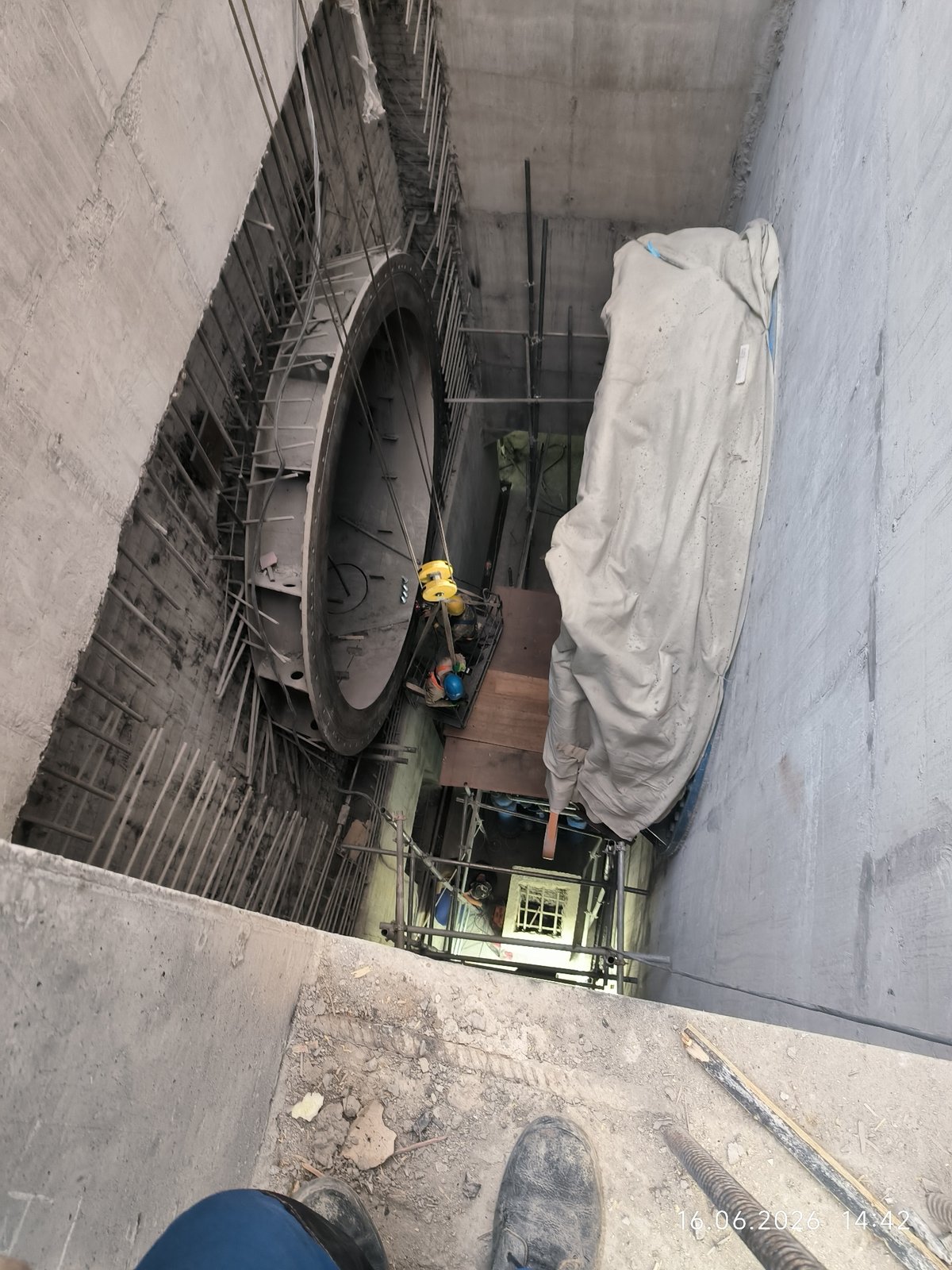 Industrial construction site with pipe systems and unfinished interiors