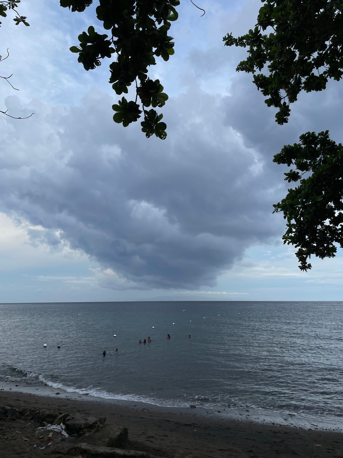 Dauin beach under storm clouds, shore life and found objects