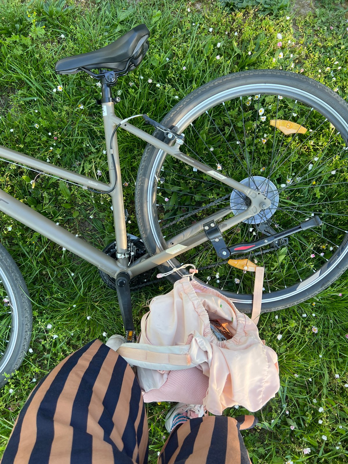 Person rests with bicycle in flowery field, Serbia