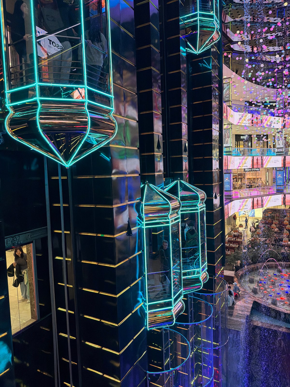 Modern Moscow interior space captured with neon-lit black architecture