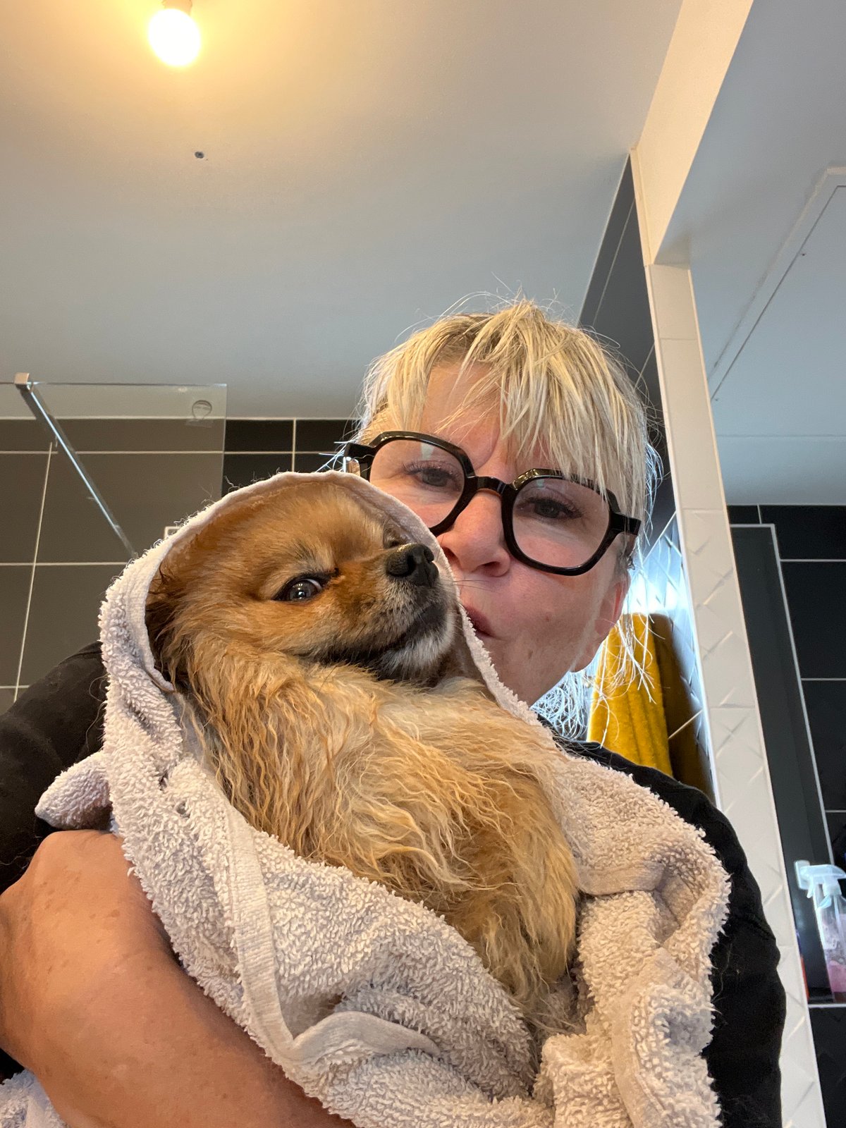 Woman bathes Pomeranian dog in Chambœuf bathroom