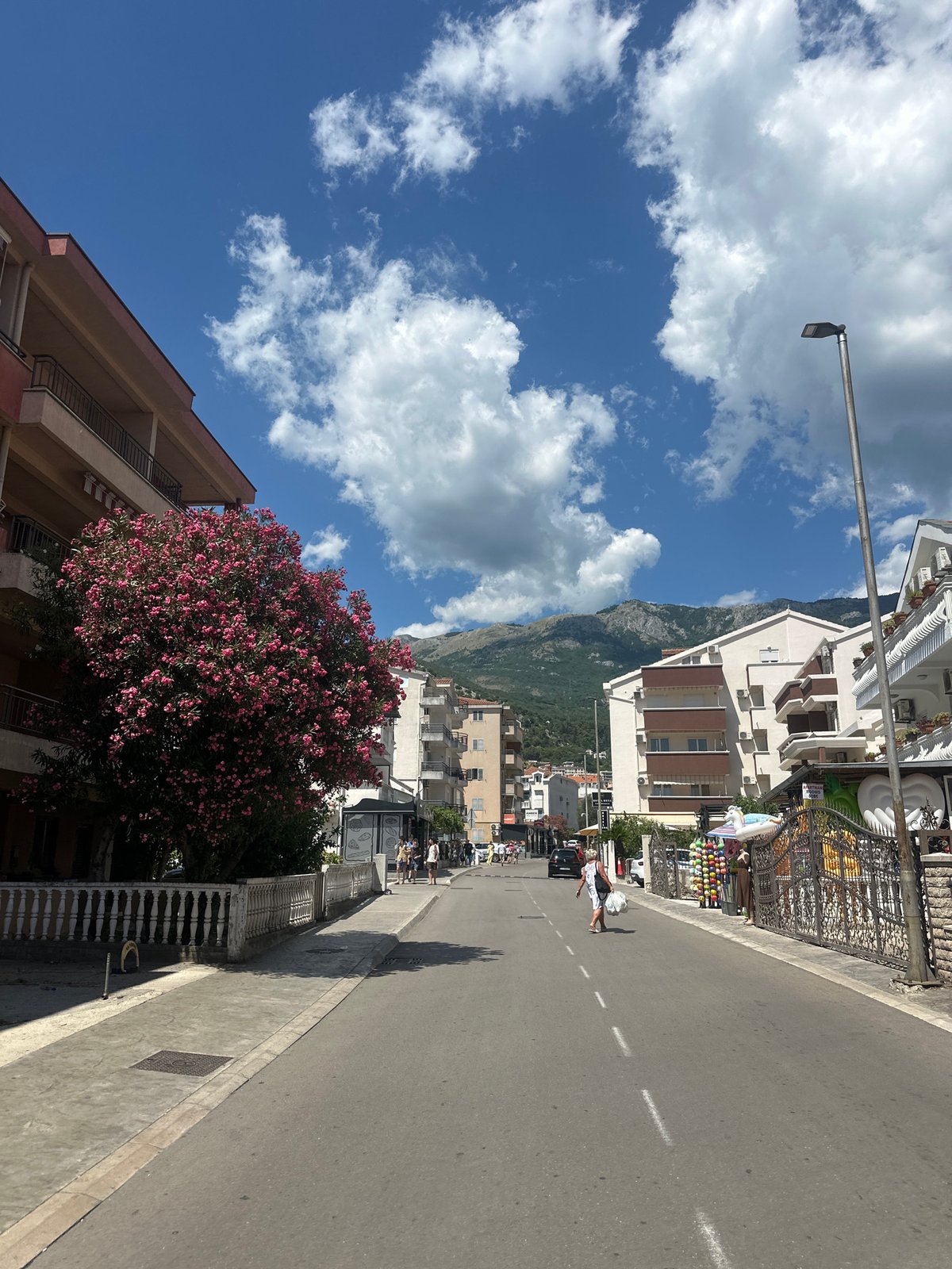 Street-level look at a sunny Budva neighborhood in summer